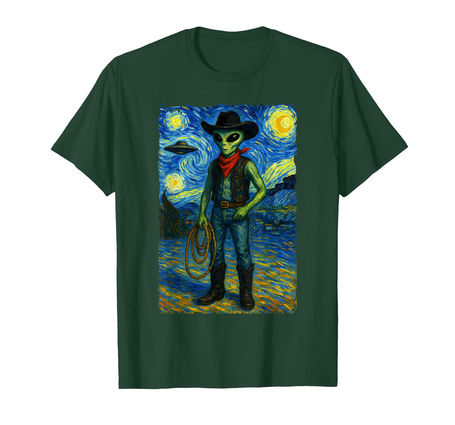 Vintage Starry Night Western Alien Cowboy Van Gogh Graphic T-Shirt