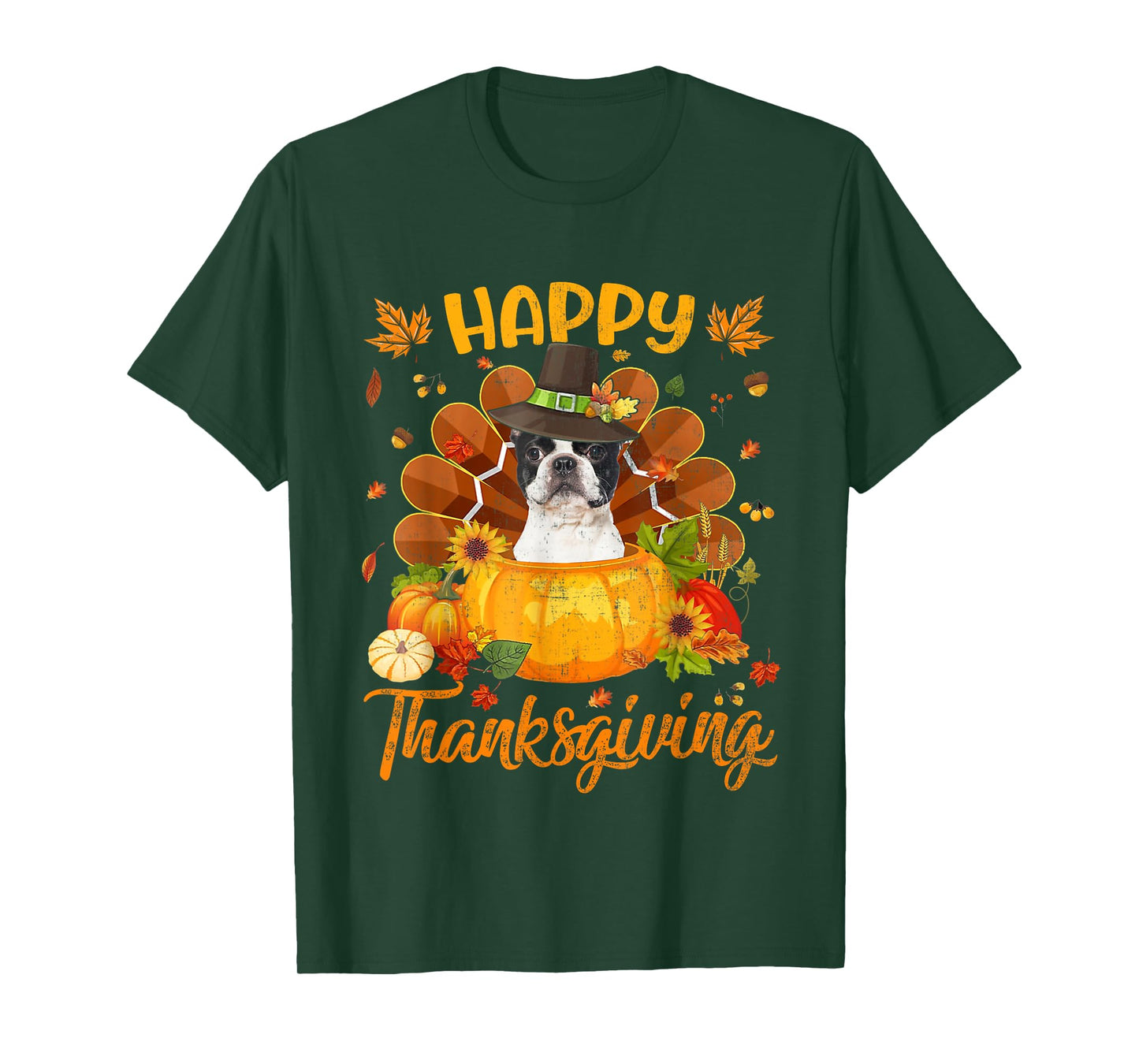Happy Thanksgiving Boston Terrier Dog Turkey Pumpkin T-Shirt