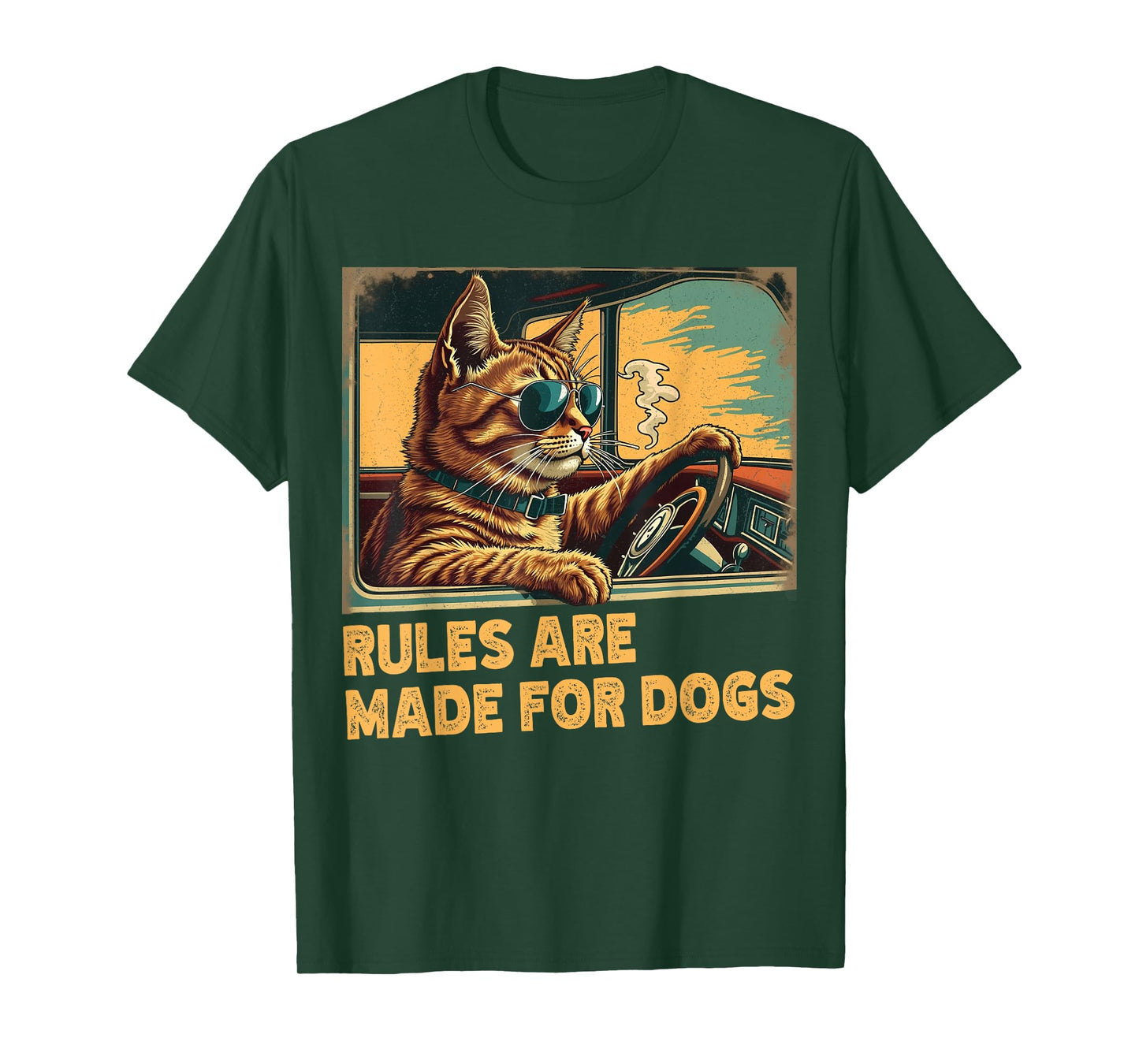 Sarcastic Cat Driving a Car Rules Are Made For Dogs Funny T-Shirt