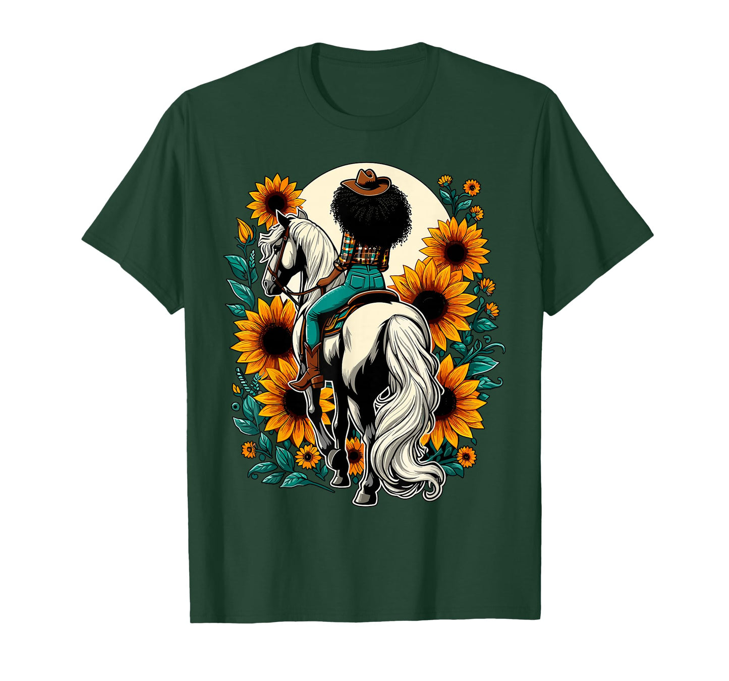 Afro Cowgirl Riding Horse Sunflower Western Country T-Shirt