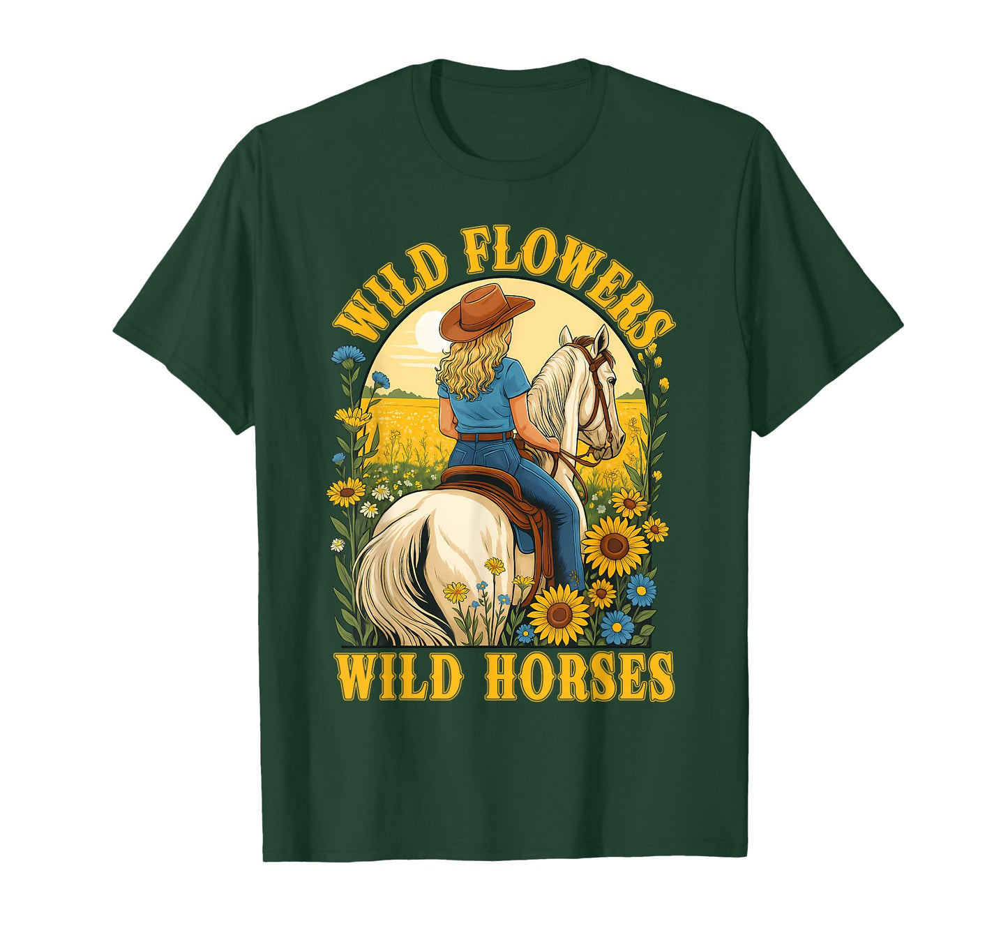 Retro Southern Sunset Cowgirl Wild Flowers Wild Horses T-Shirt