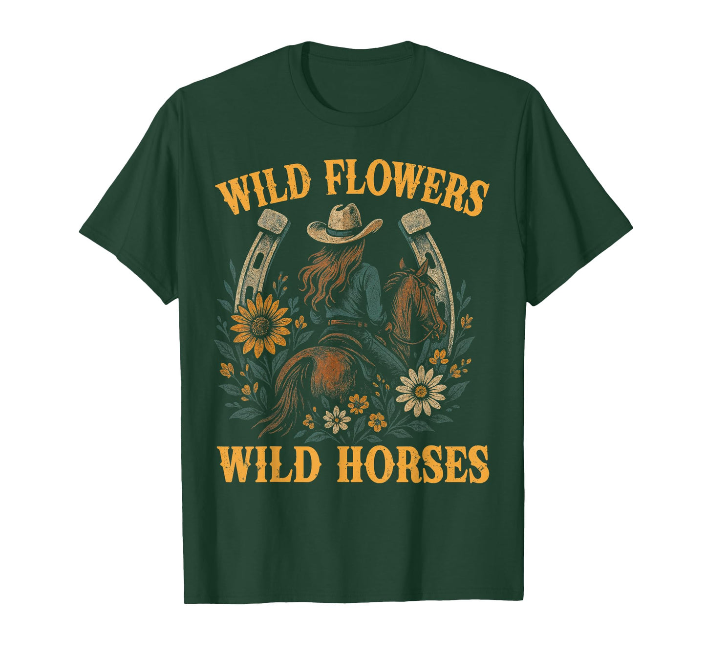 Retro Southern Sunset Wild Cowgirl Flowers - Wild Horses T-Shirt