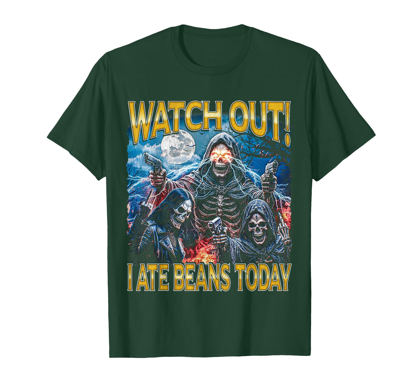 I Ate Beans Today - 80s Horror Bootleg Hard Skeleton Meme T-Shirt