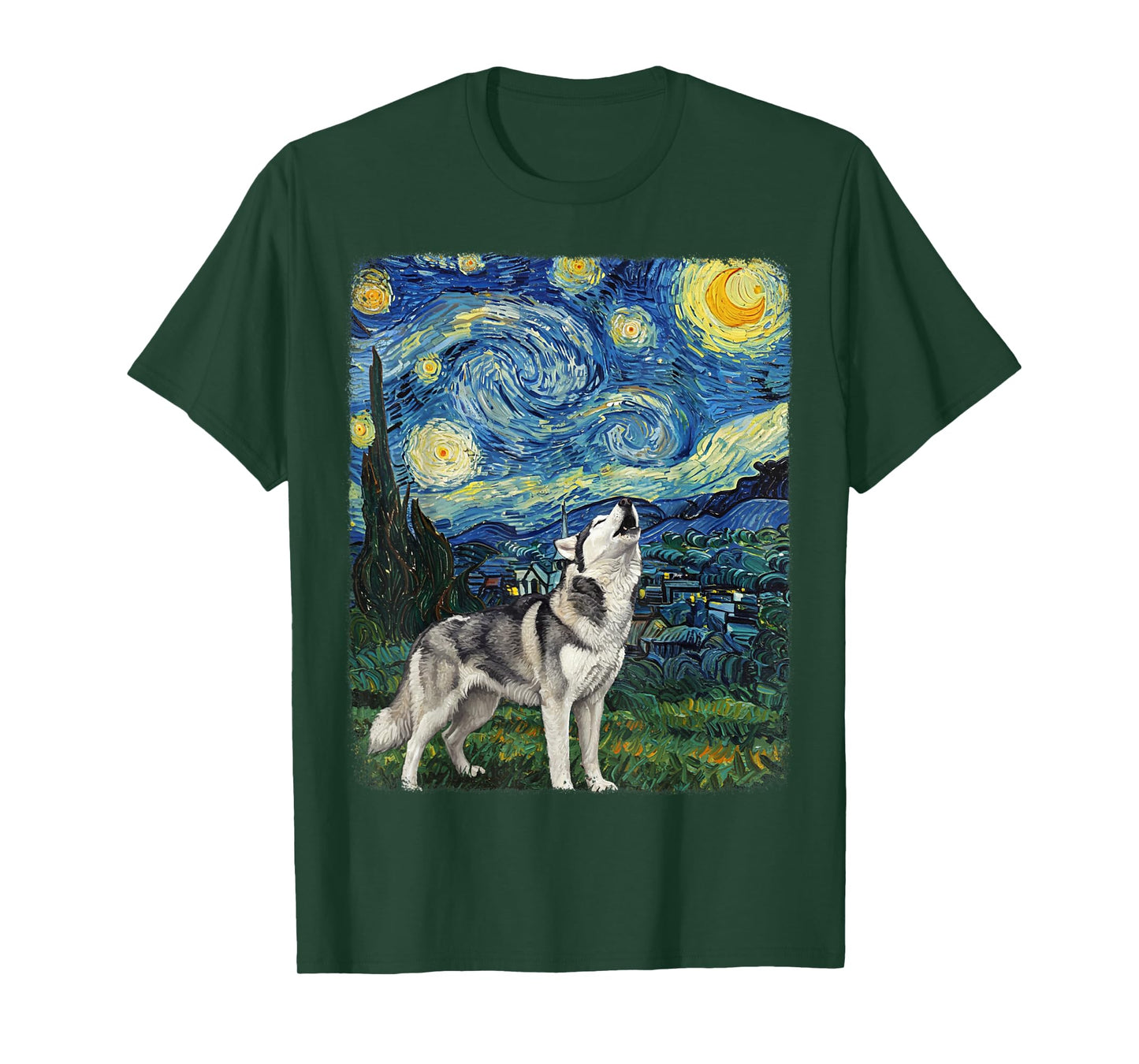 Husky Dog Howling At Moon Starry Night Van Gogh Funny T-Shirt
