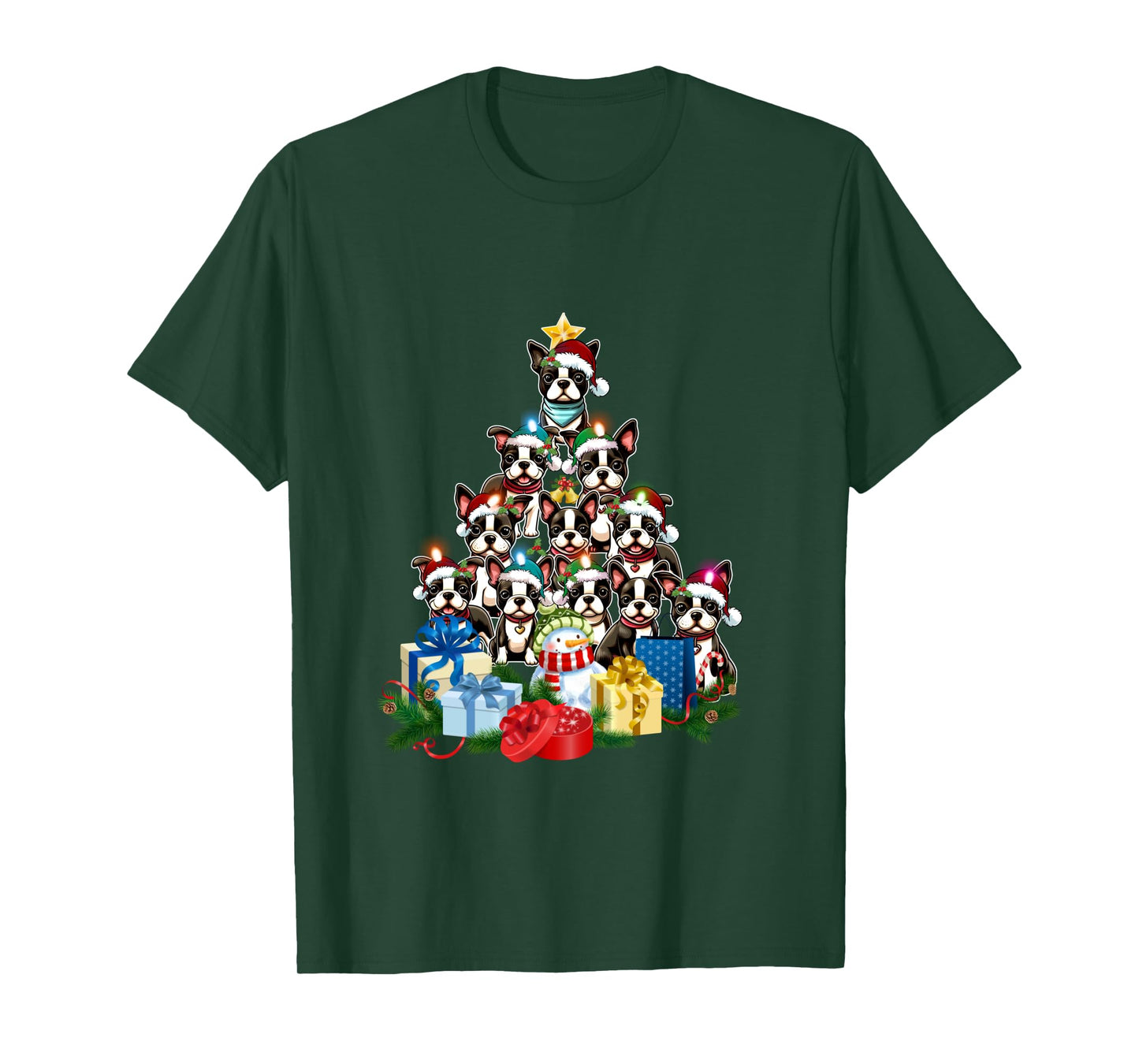 Funny Boston Terrier Christmas Tree Lights Puppy Dog Lover Long Sleeve T-Shirt
