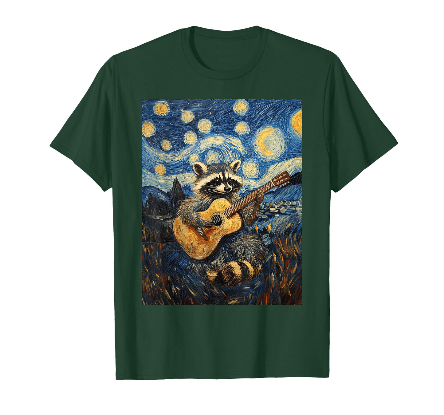 Funny Raccoon Play Guitar Guitarist Starry Night Van Gogh T-Shirt