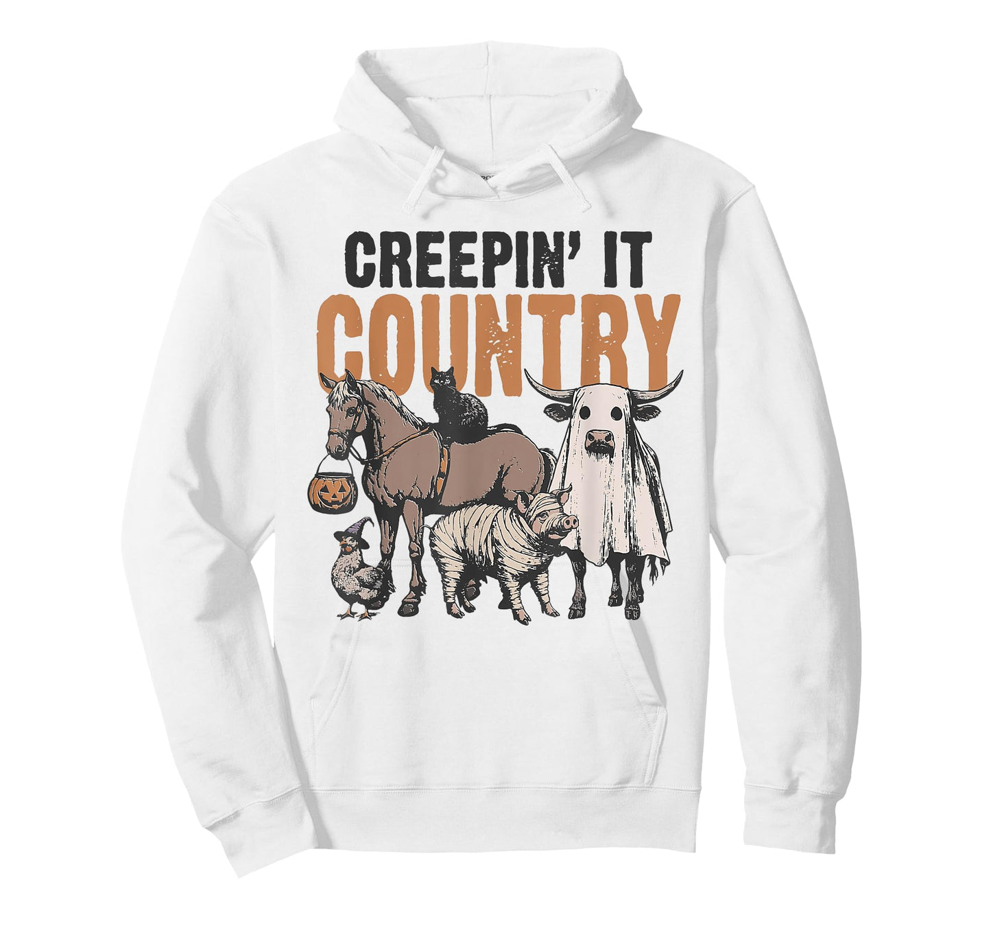 Creepin' It Country Halloween Farm Animal Cow Black Cat Pig T-Shirt