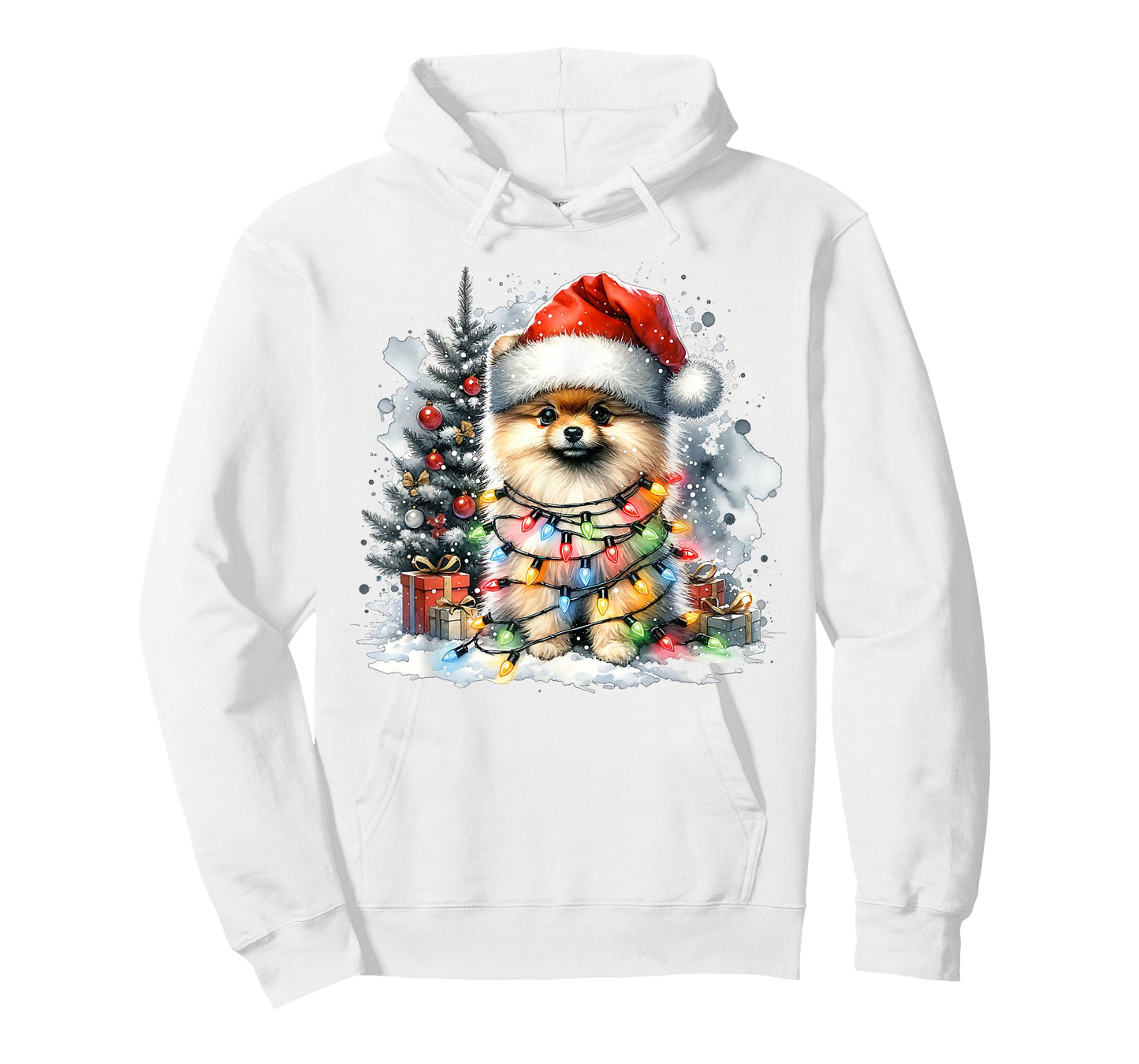 Funny Cute Santa Pomeranian Dog Tangled In Christmas Lights T-Shirt