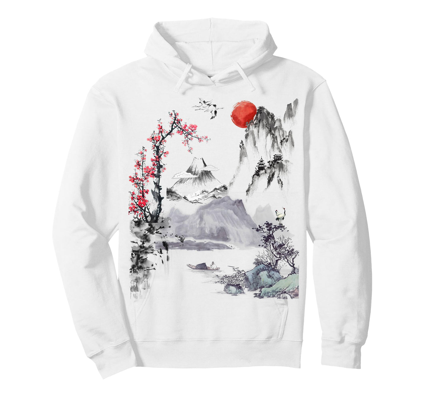 Japanese Art Tree Red Moon with Birds Flying in Background T-Shirt