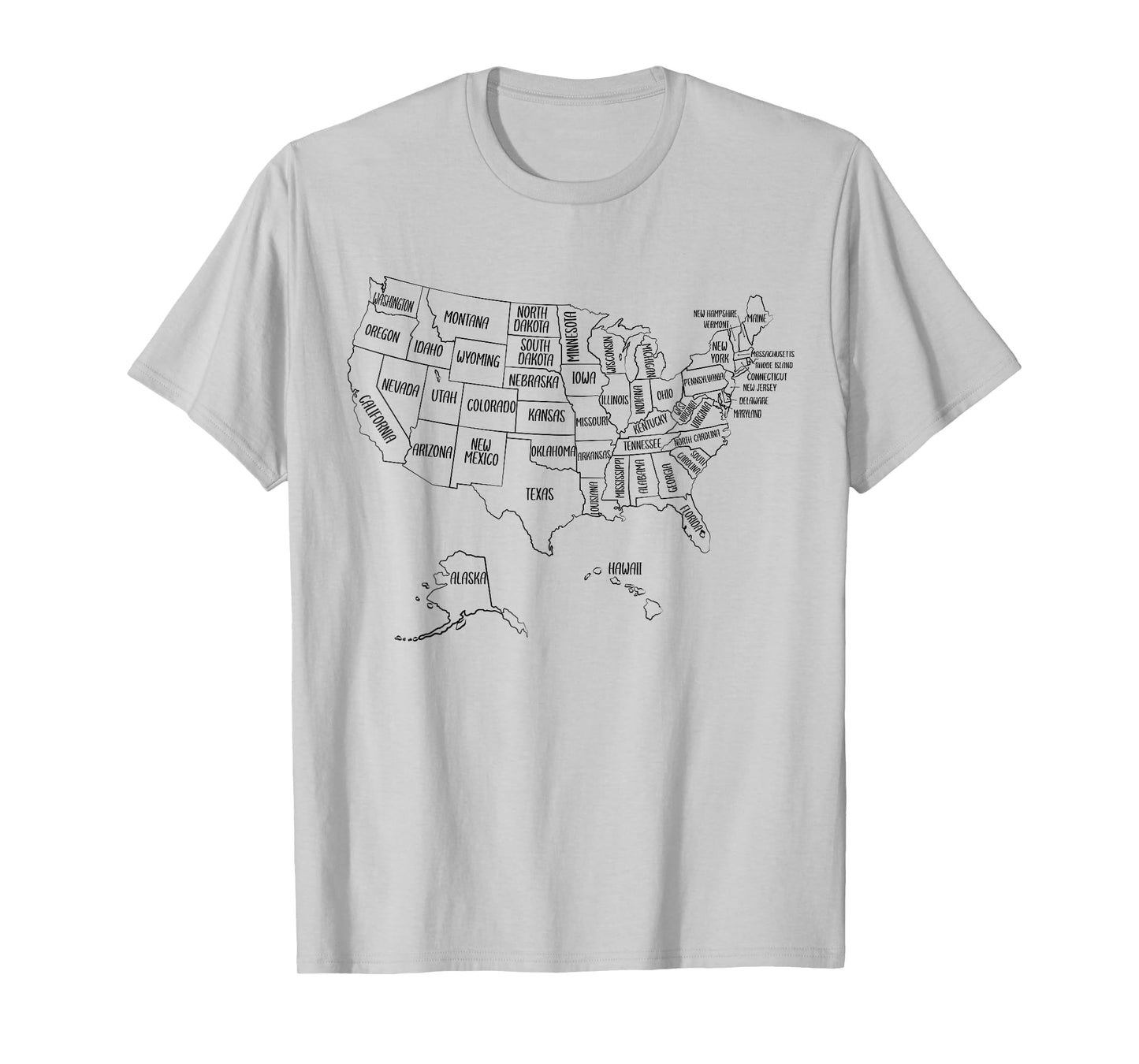 Black Outline Map of the 50 United States, USA Political map T-Shirt