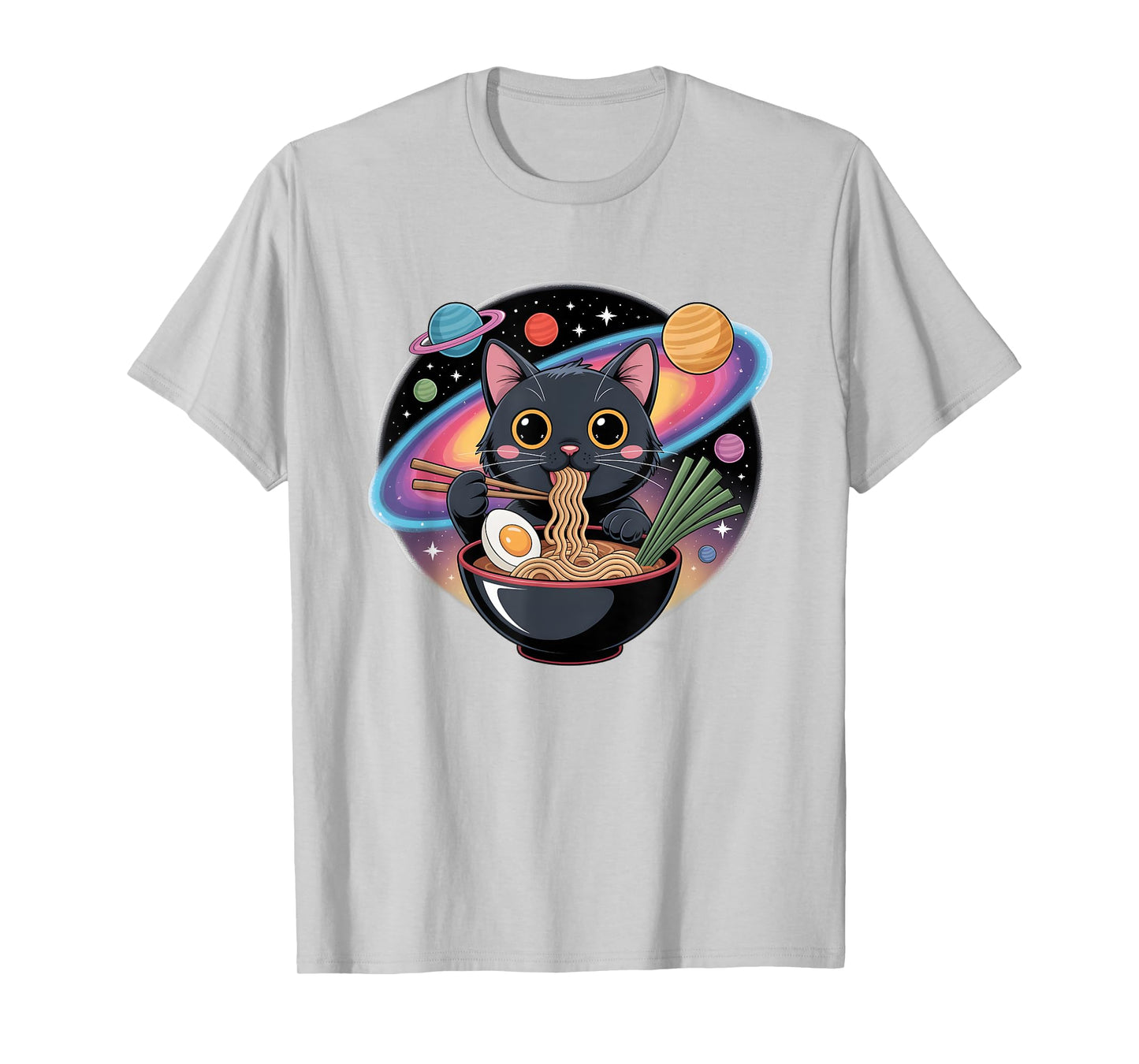 Cute Black Cat Eating Ramen in Space with Planets T-Shirt