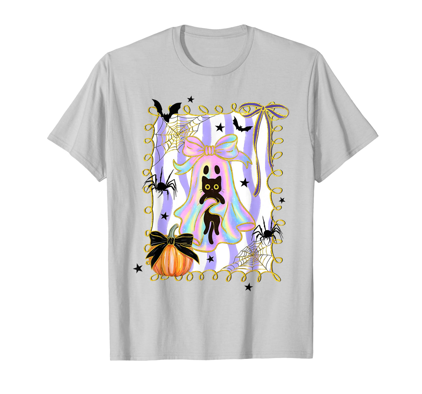 Spooky Black Cat Pumpkin Ghost Halloween Coquette Bow T-Shirt