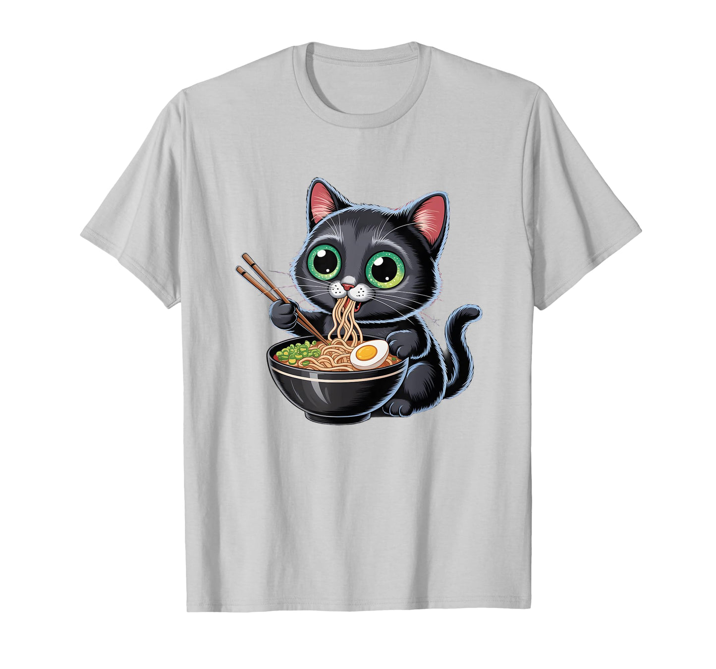 Cute Black Cat Eating Ramen in Space with Planets T-Shirt