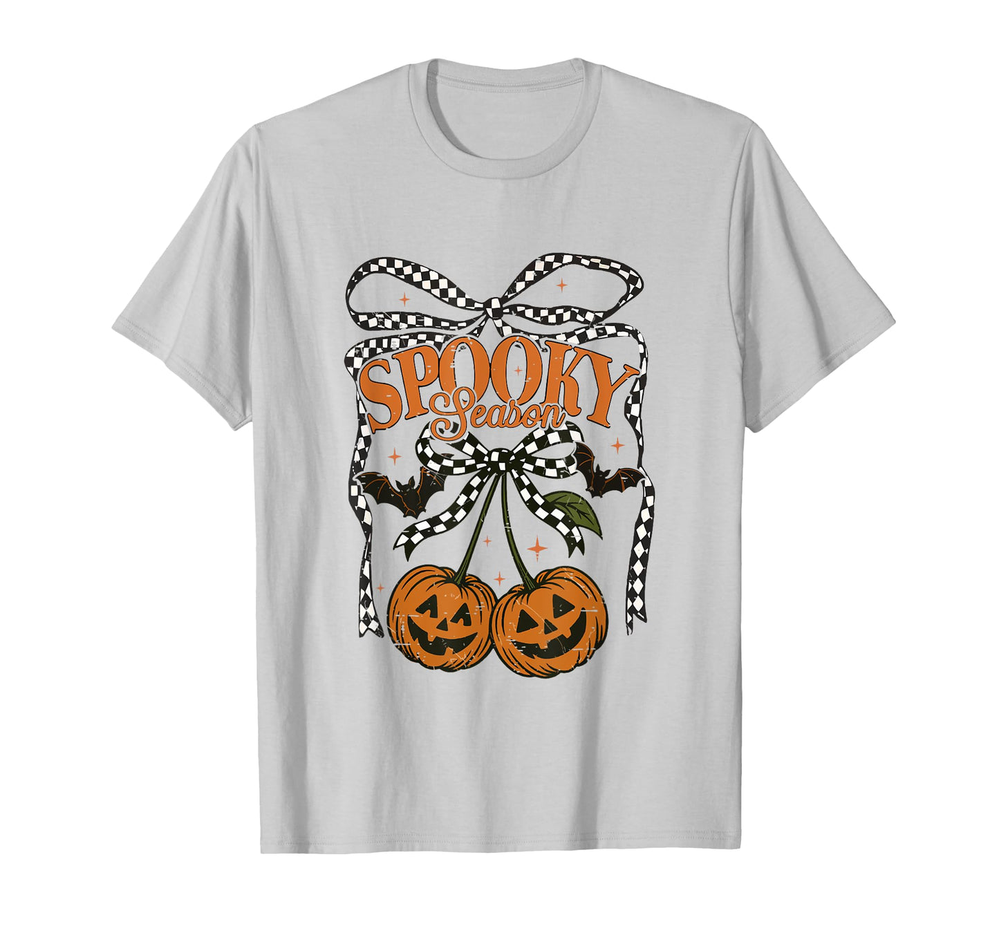 Spooky Season Checkered Bow Pumpkin Cherries Fall Autumn T-Shirt