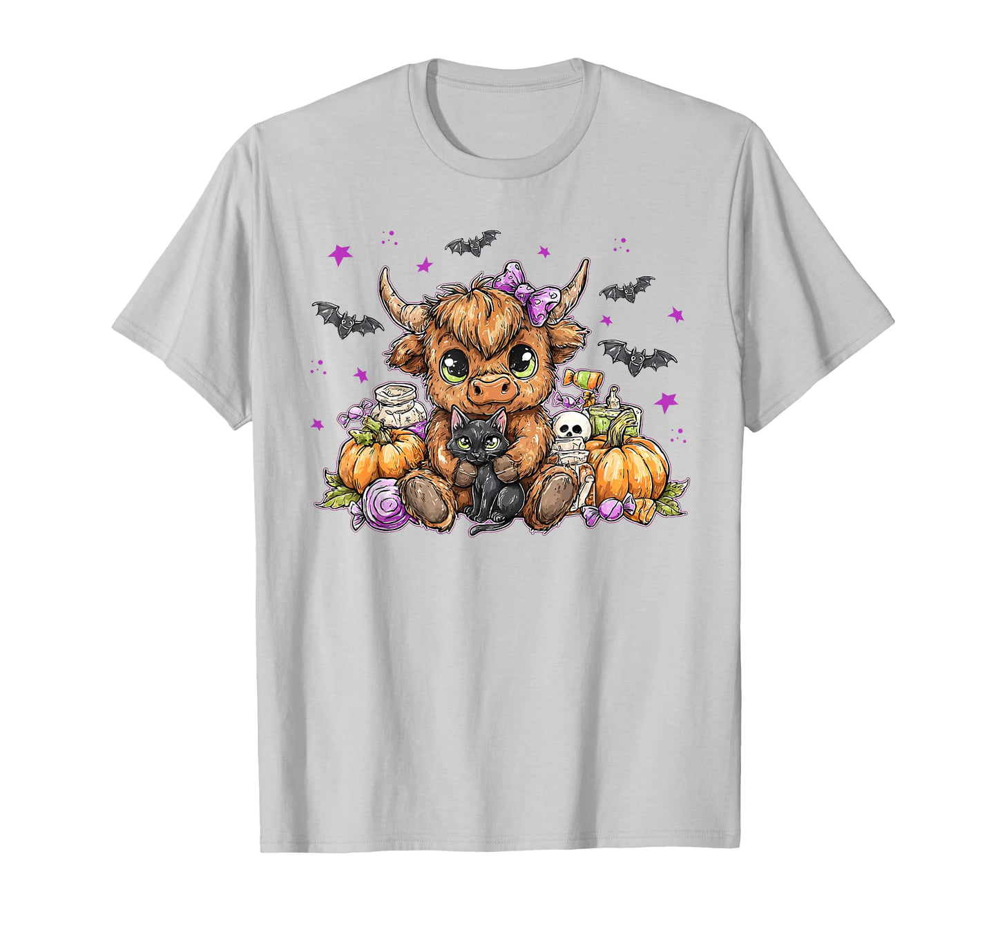 Retro Pumpkin Highland Cow Halloween Cow Lover Black Cat T-Shirt