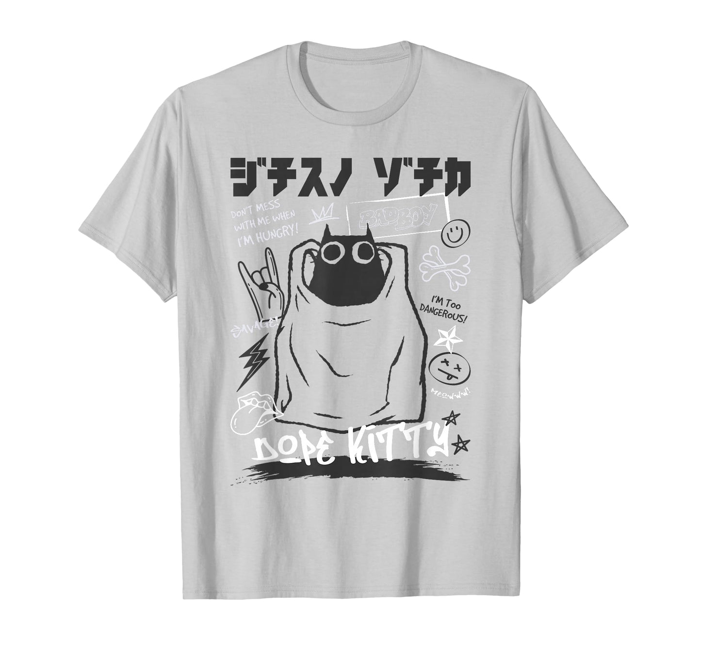 Funny Japanese Cartoon Black Cat Humorous Kitty T-Shirt