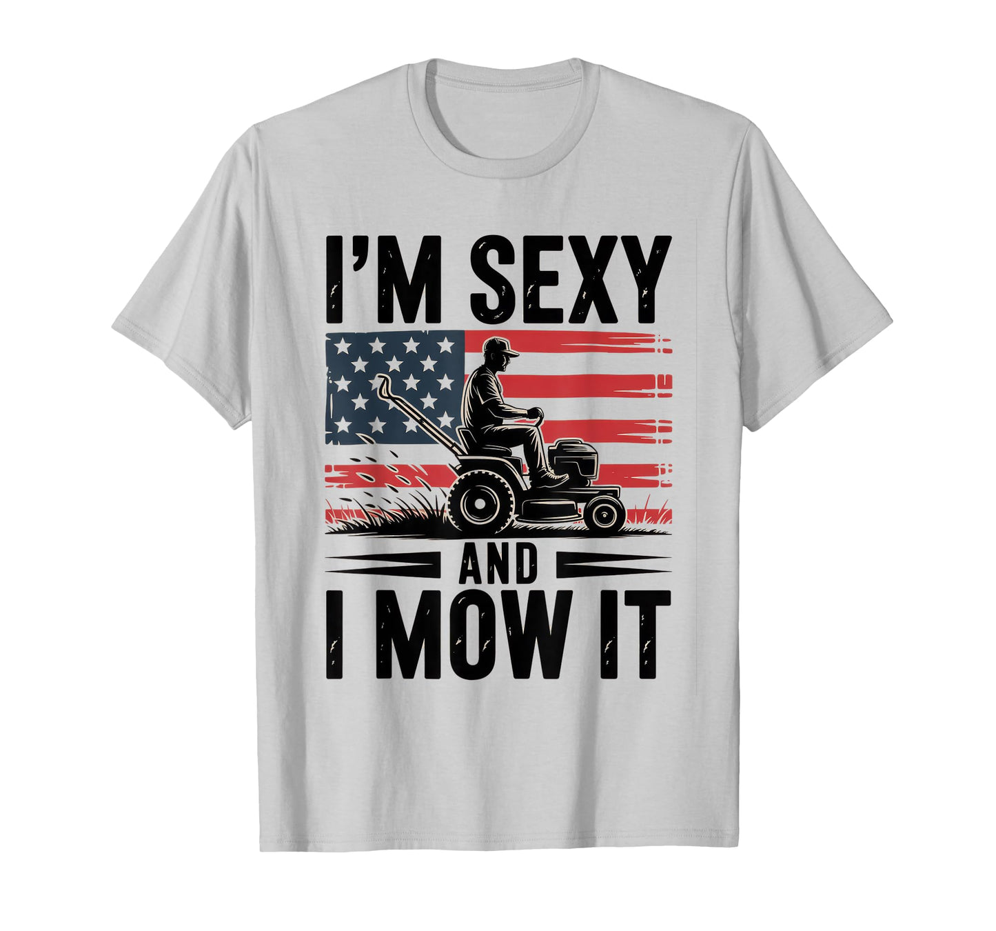 Funny Lawn Care Mowing Dad Silhouette USA Flag Humor T-Shirt