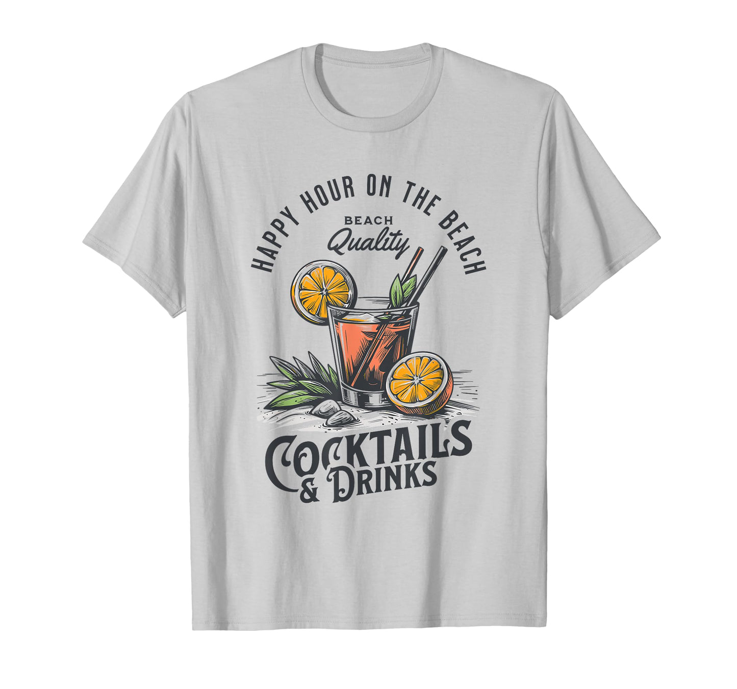 Happy Hour Cocktail Glass with Orange Palm Leaves Beach Bar T-Shirt
