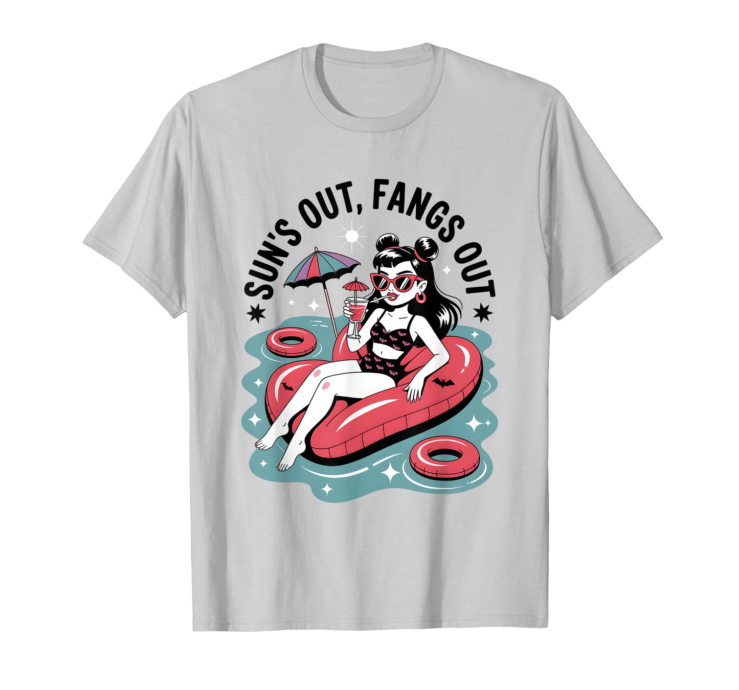 Summerween Sun’s Out Fangs Out Funny Summer Halloween Pool T-Shirt