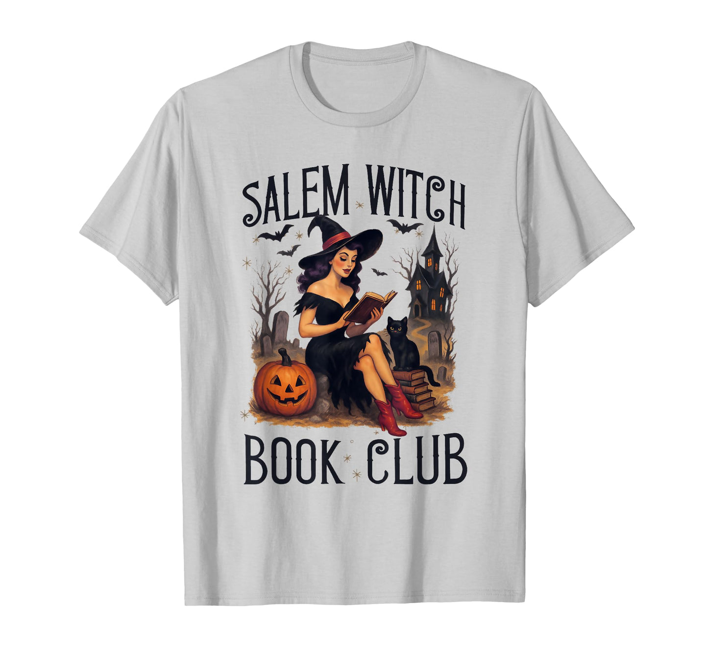 Salem Witch Book Club Bookish Retro Halloween Black Cat T-Shirt