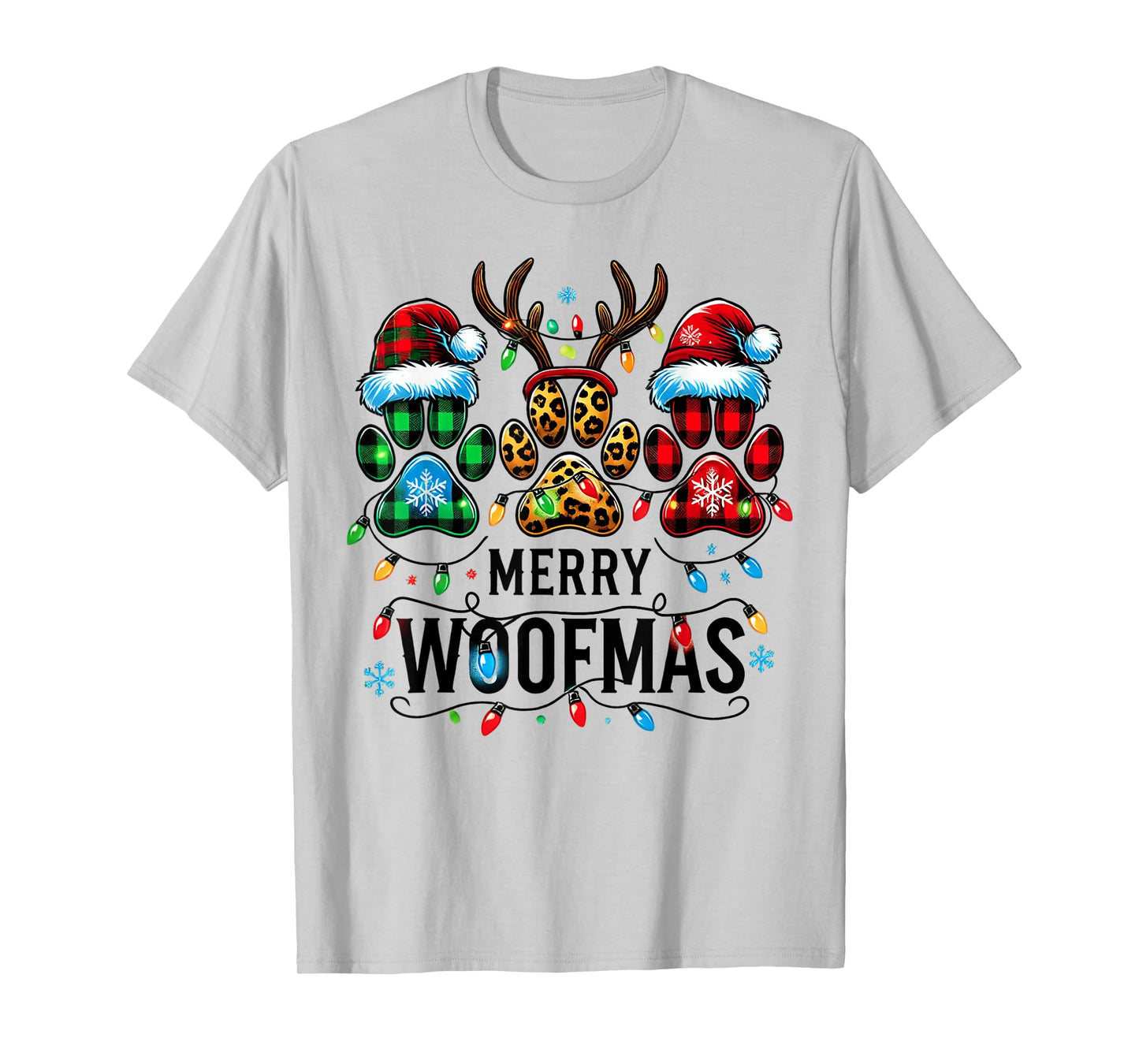 Merry Woofmas Christmas Dog Paws Lights Buffalo Plaid Women T-Shirt