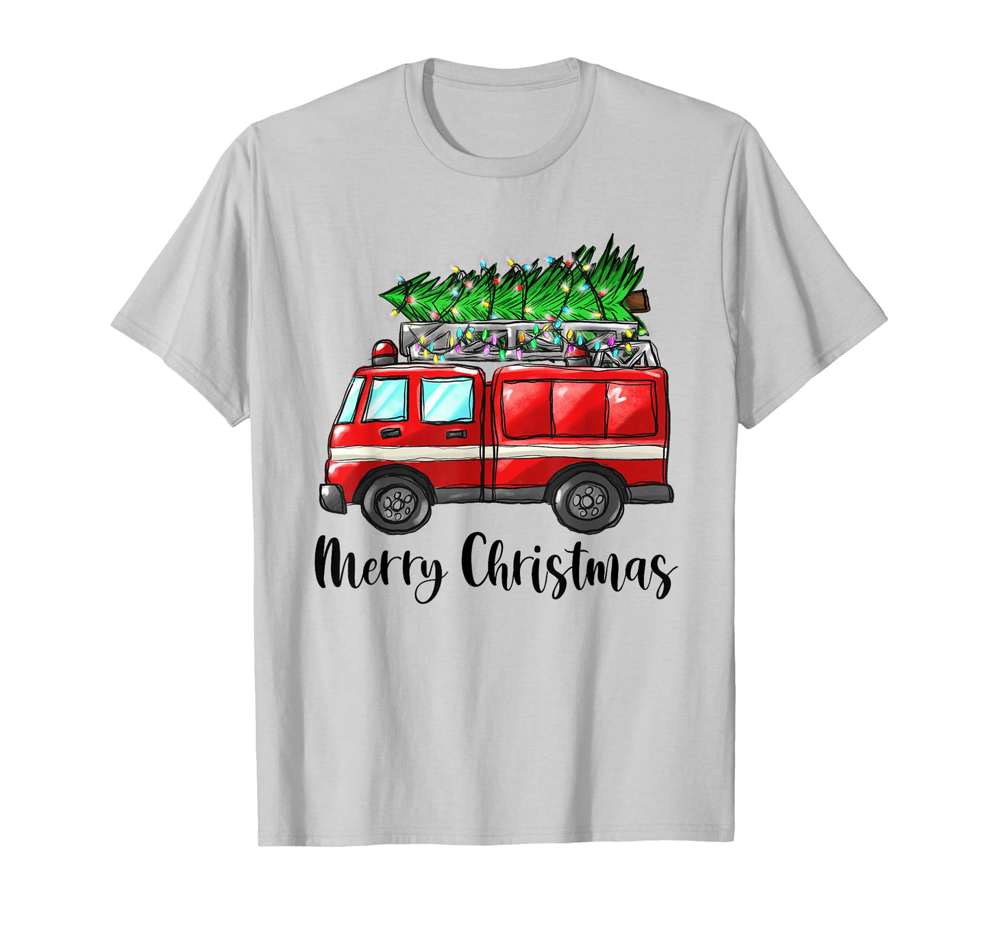 Fire Truck Christmas Tree Light Firefighter Pajama Xmas T-Shirt