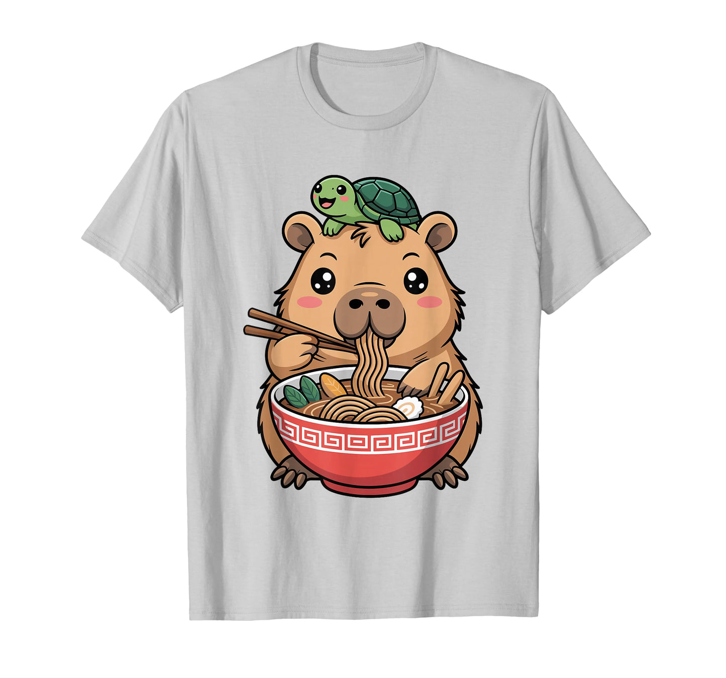 Cute Kawaii Capybara Eating Noodles with Turtle on Head T-Shirt