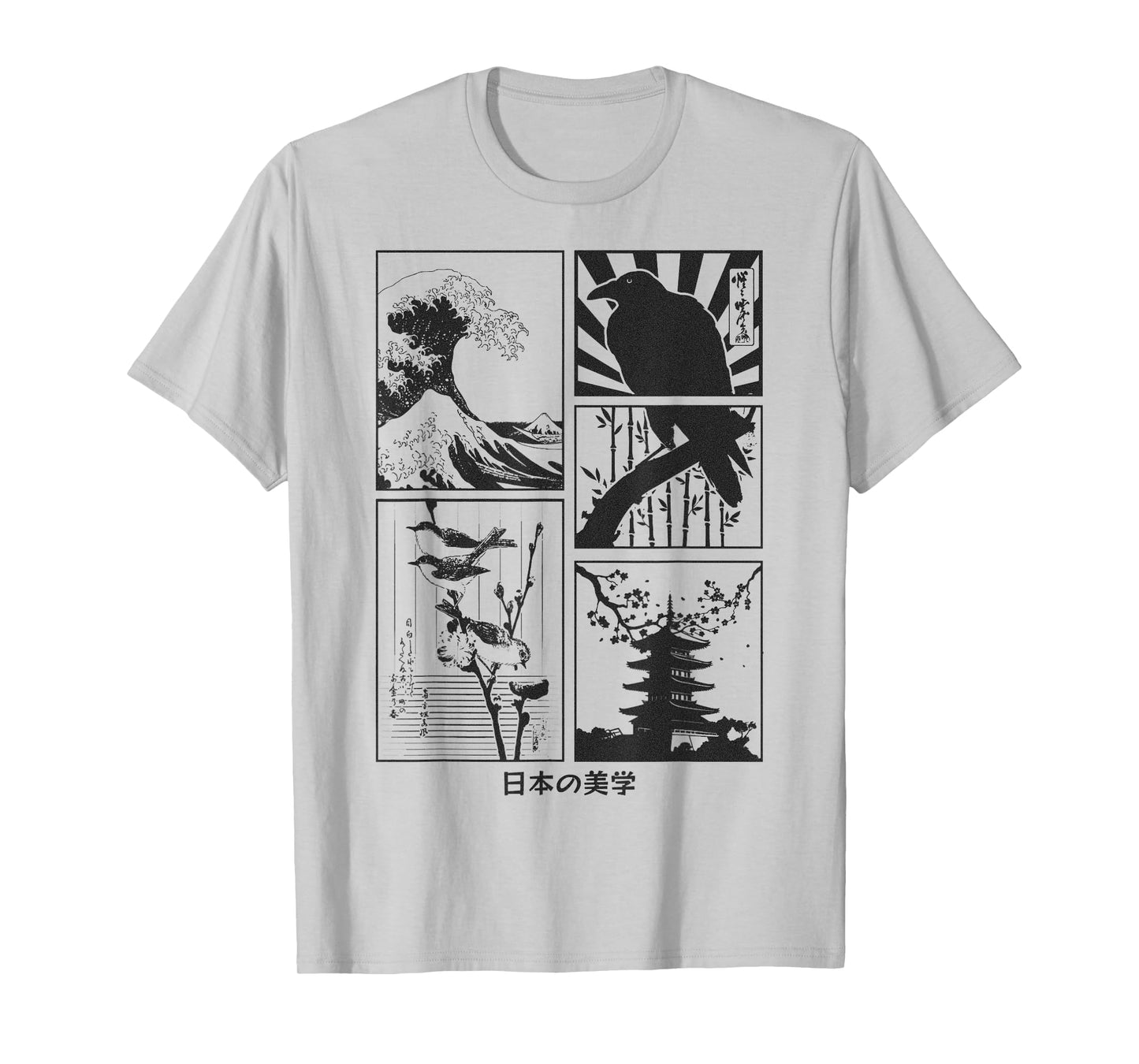 Japanese Art Birds on Cherry Blossom and Kyosai Crow Raven T-Shirt