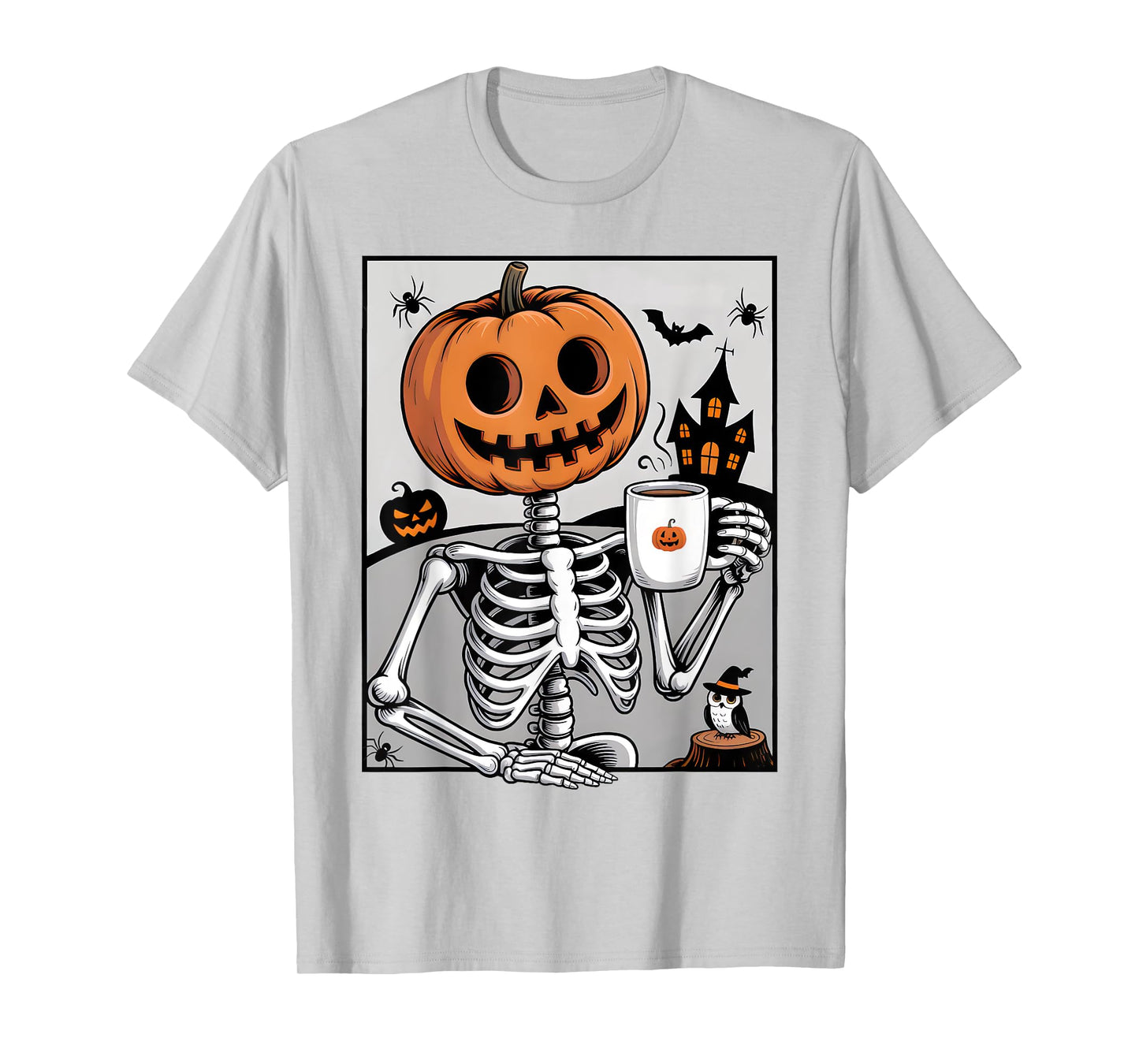Skeleton Pumpkin Drinking Coffee Men Women Halloween Costume T-Shirt