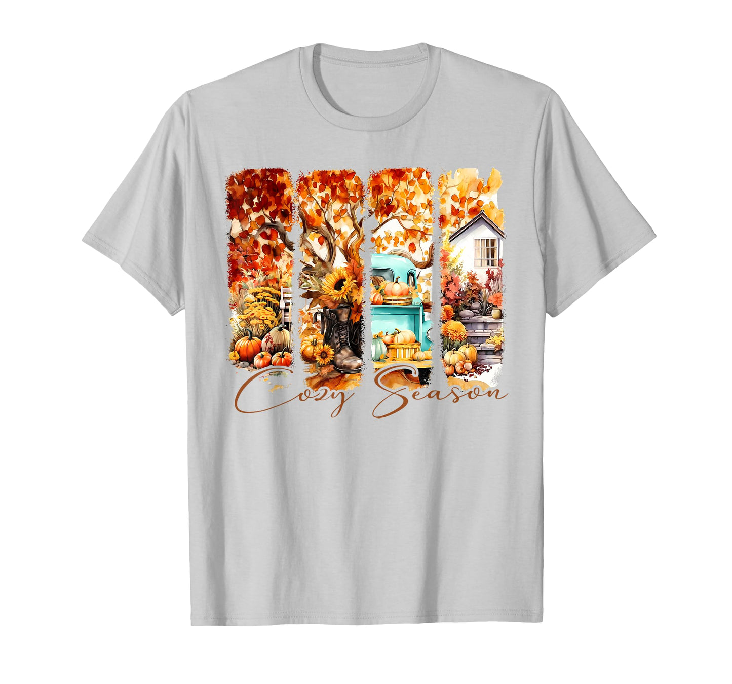 Cute Autumn Fall Season Pumpkin Truck Hat House Trees Cozy T-Shirt