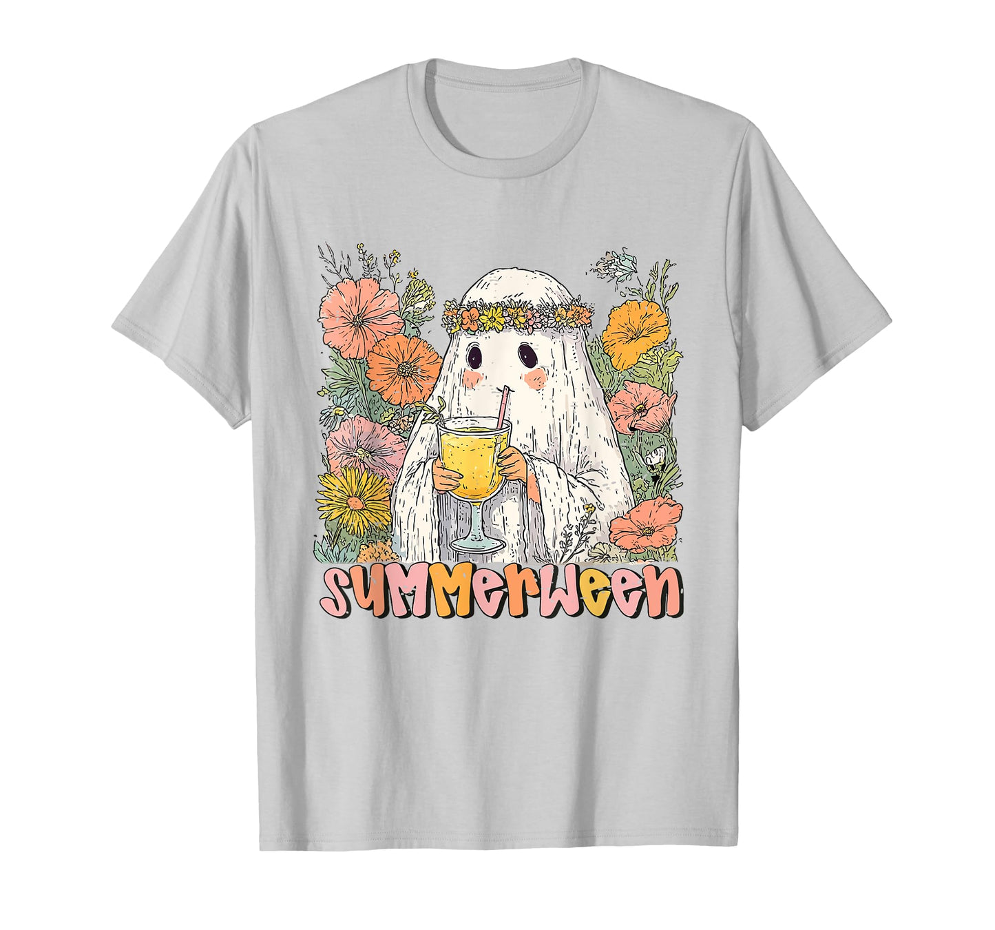 Retro Floral Ghost Summer Halloween Cocktail Cute Summerween T-Shirt