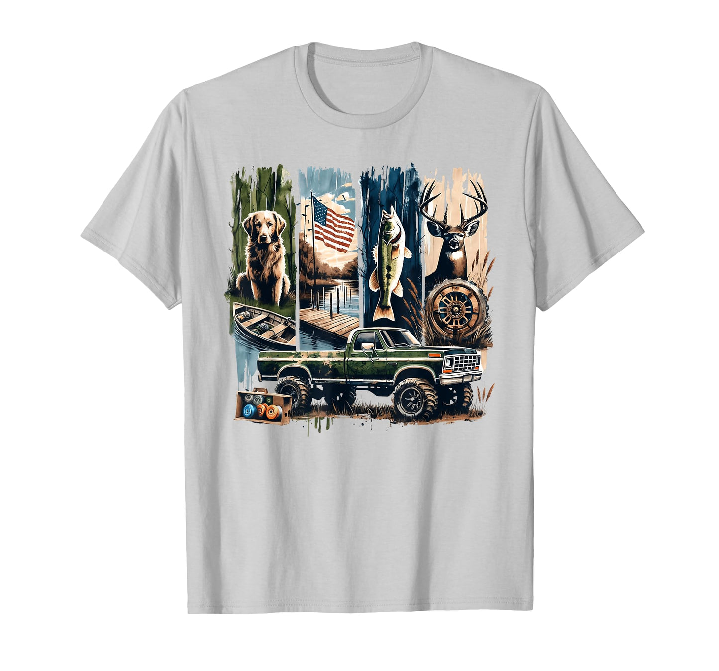 Camo Hunting Dog Fish Deer Patriotic USA Flag Men Boys T-Shirt