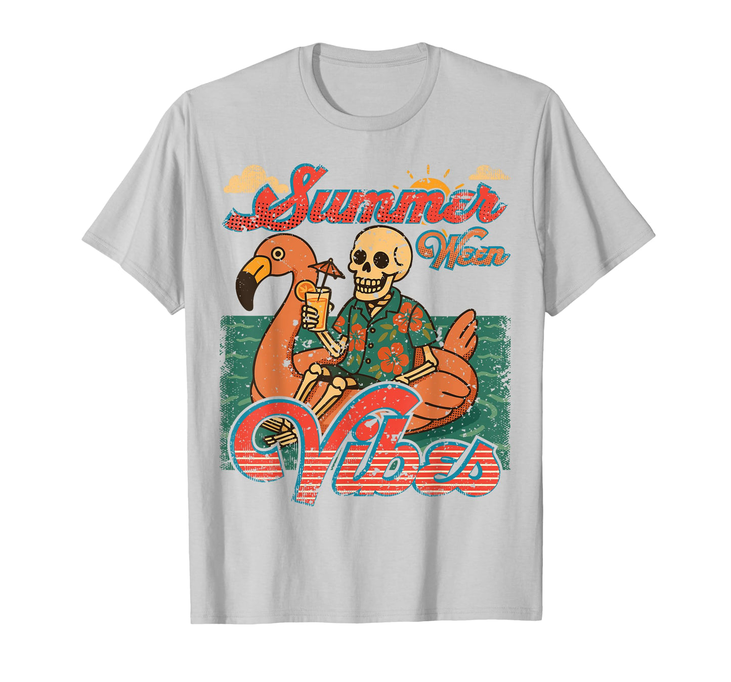 Summerween Vibes Skeleton Flamingo Float Summer Halloween T-Shirt
