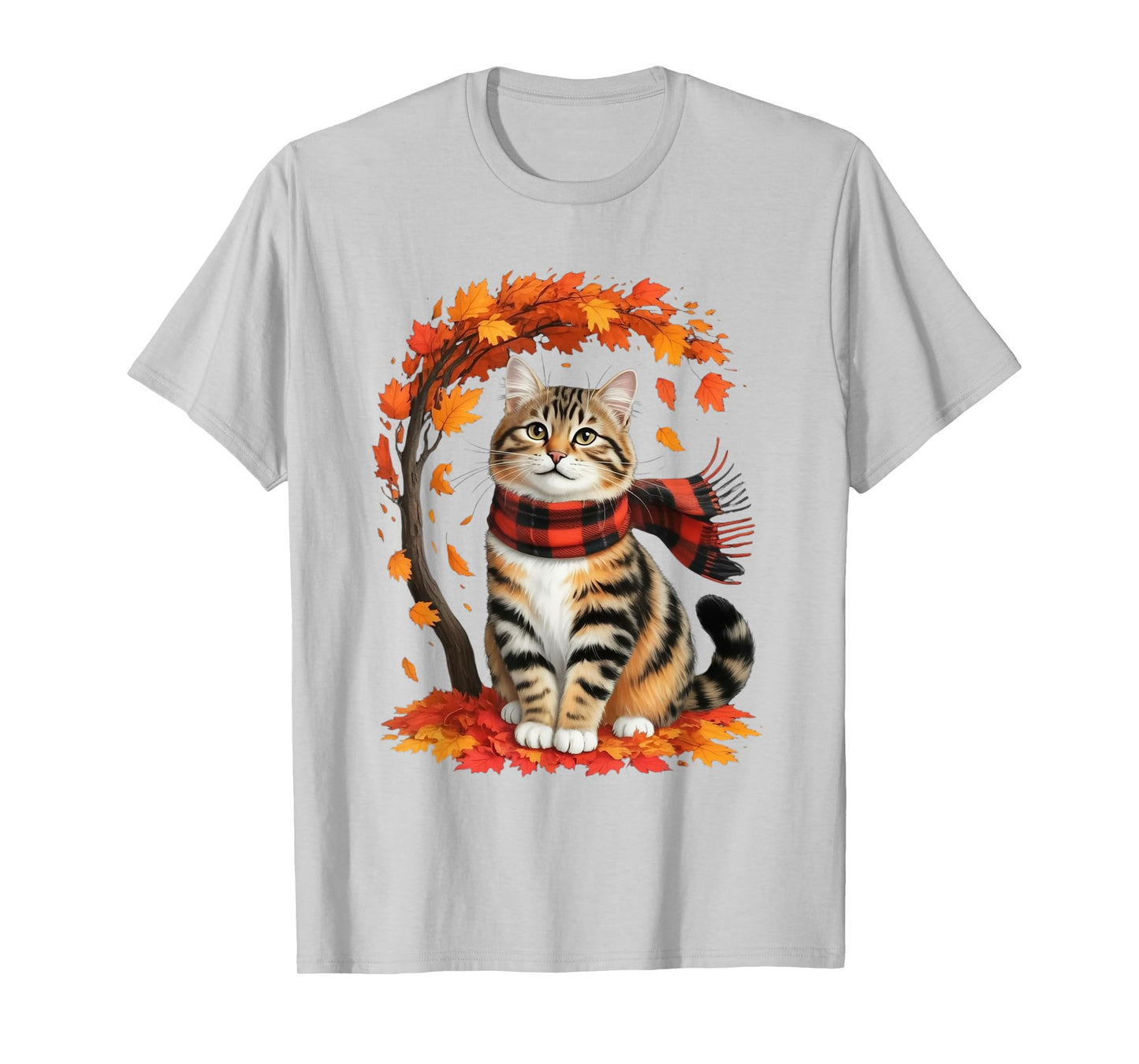 Autumn Cat with Leaves and Scarf Forest Lovers Design T-Shirt