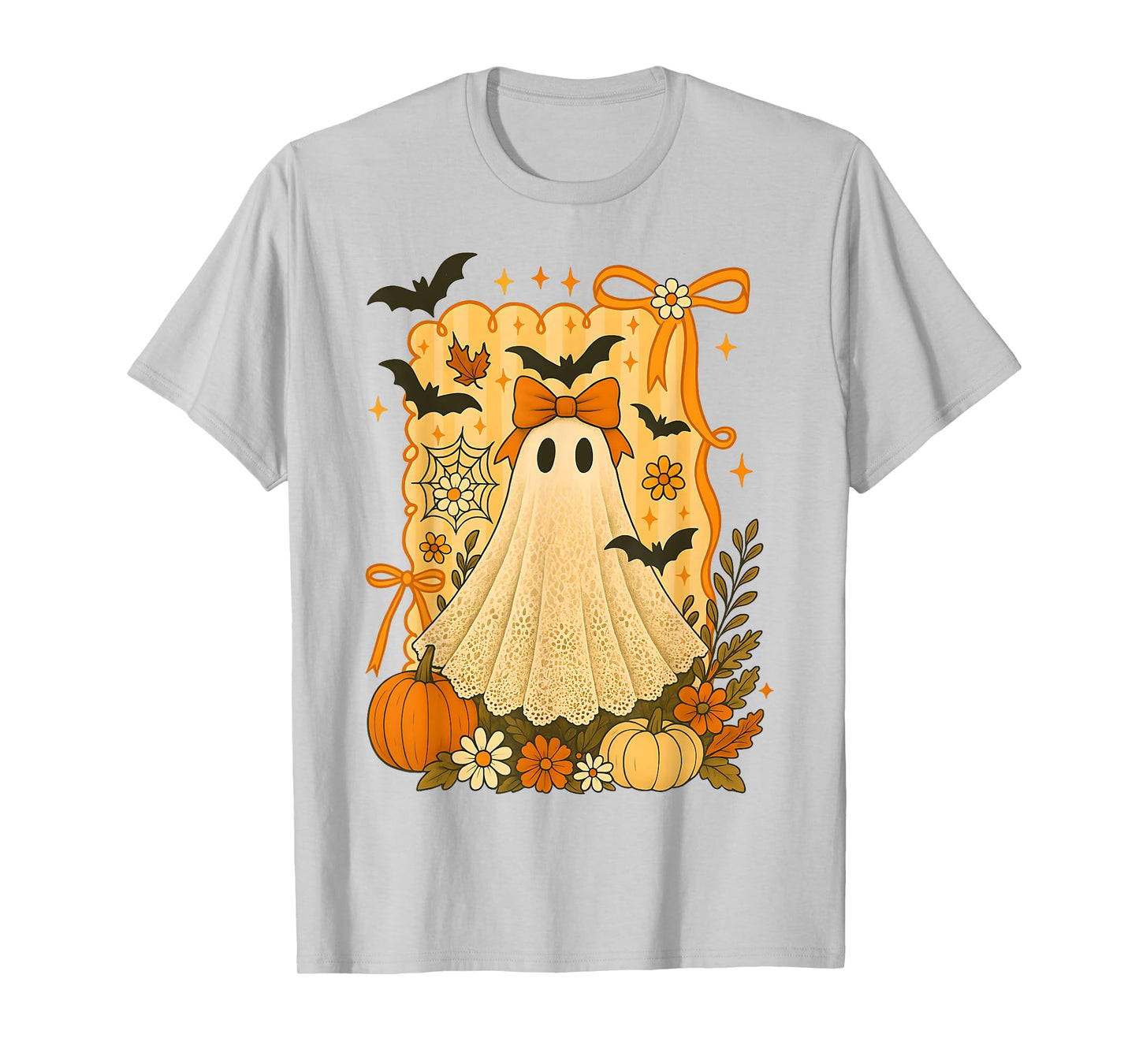HUGvyn Halloween: Girls Ghost Lace Bow Floral Ghost Spooky T-Shirt
