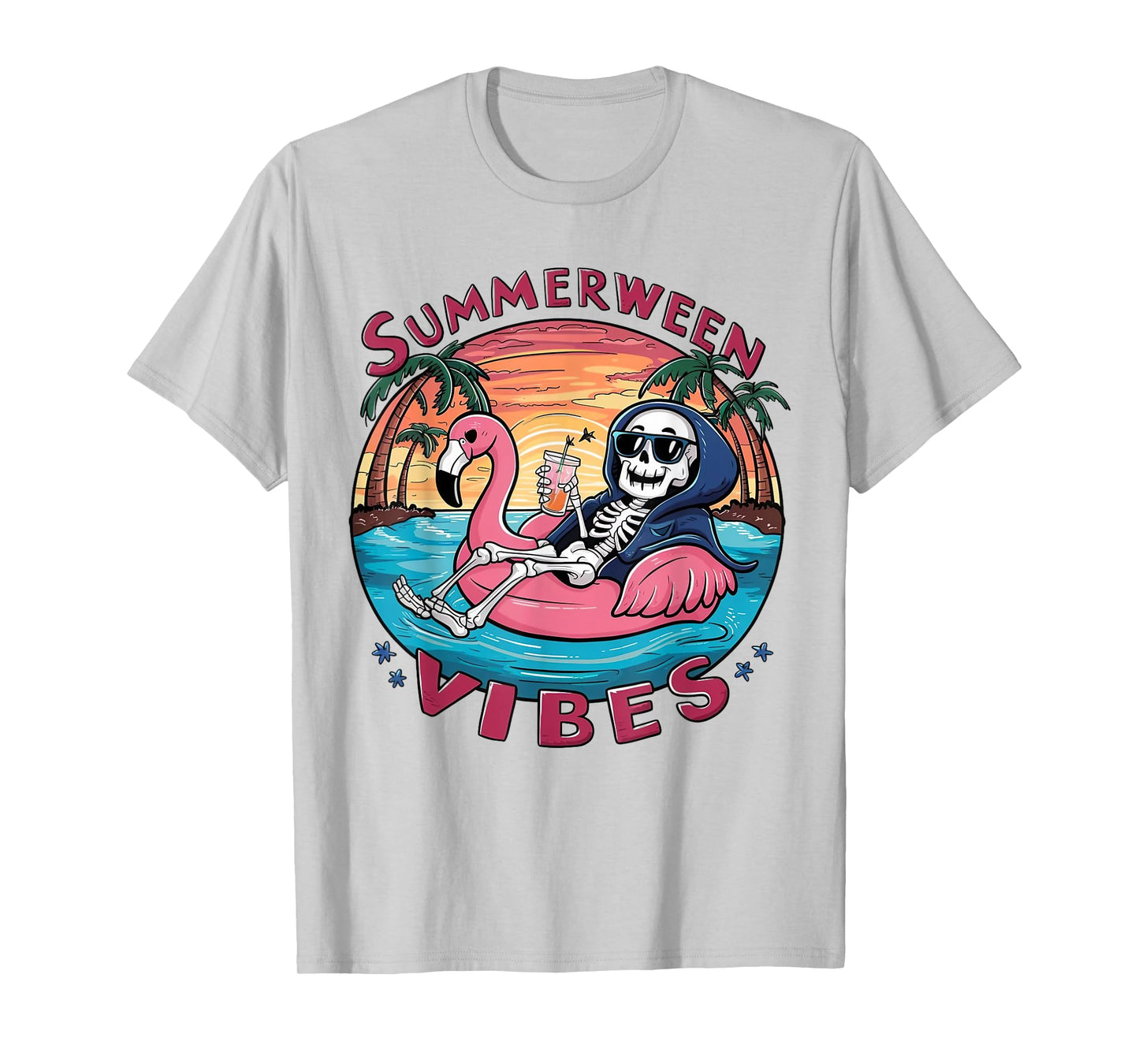 Summerween Vibes Halloween Summer Fun Flamingo Skeleton T-Shirt