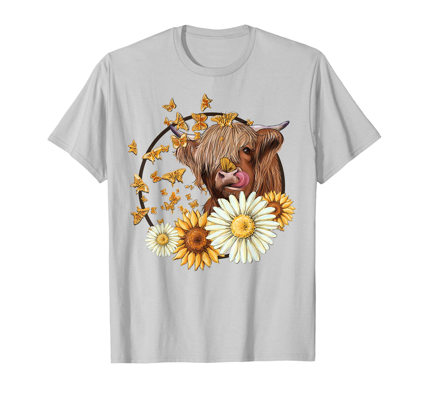 Highland Cow With Sunflower Daisies Butterflies Farm Western T-Shirt