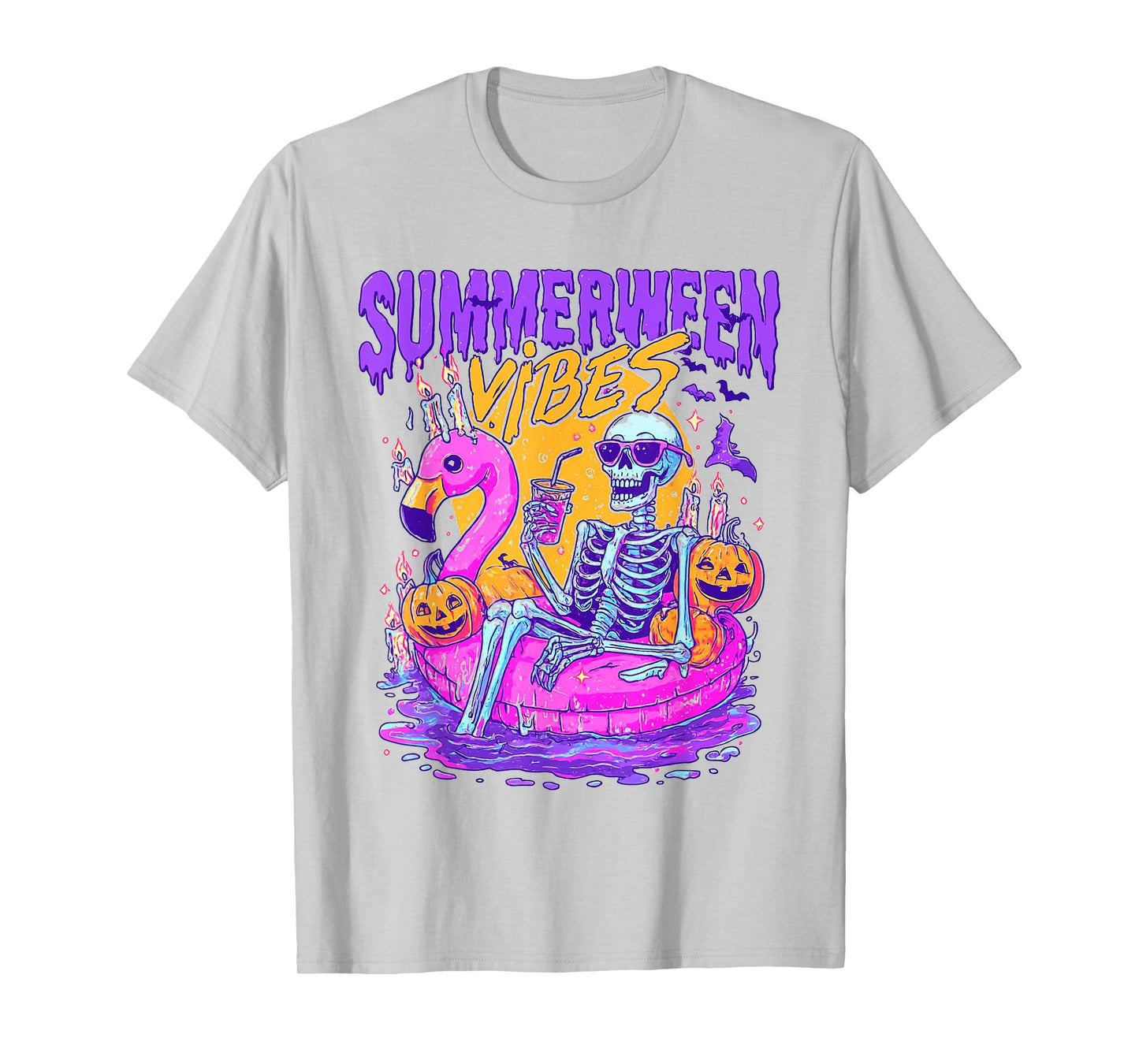 Summerween Skeleton Float Halloween Flamingo Vibes Fun T-Shirt