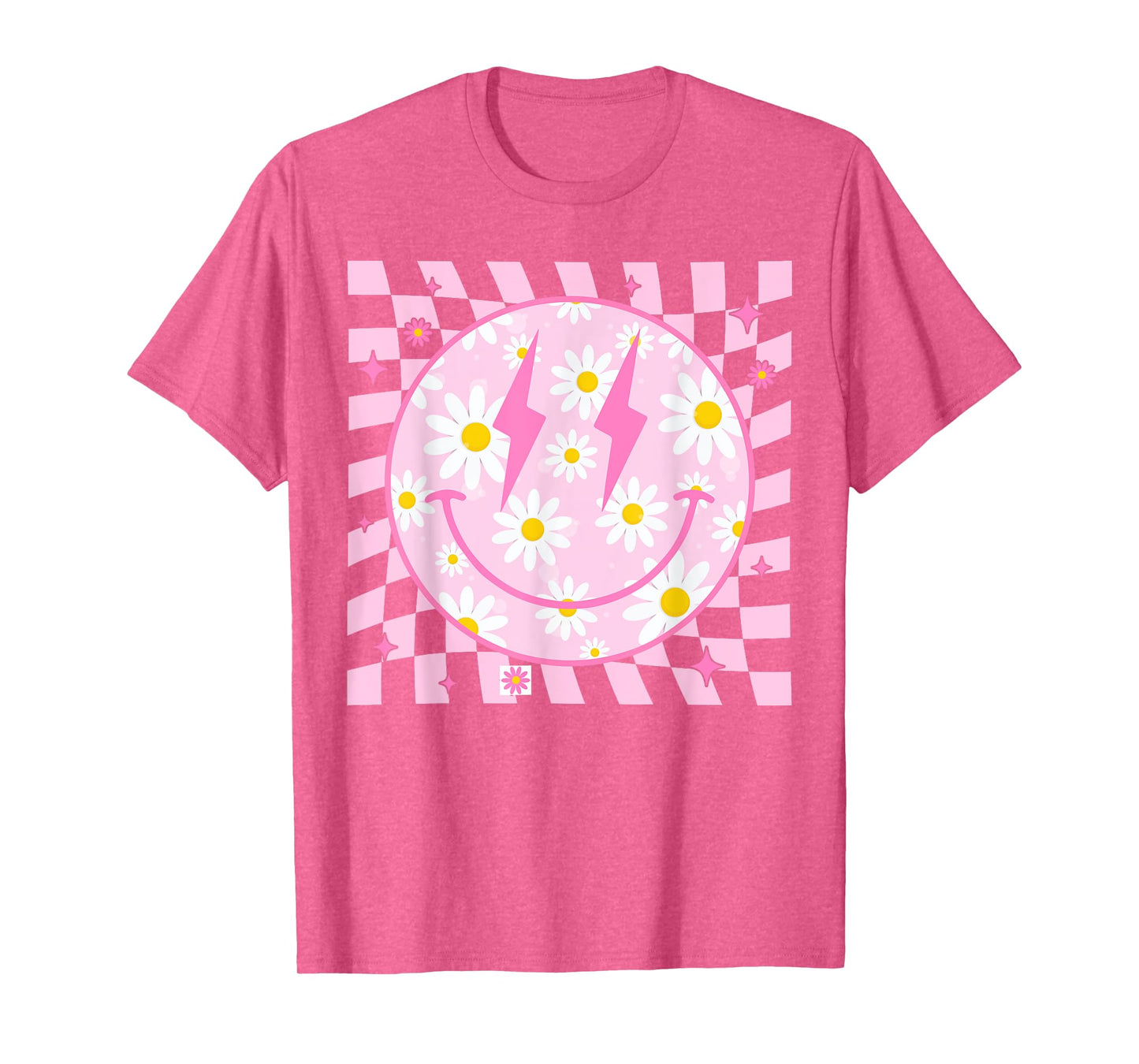 Retro Happy Smile Face Checkered Pattern Pink Daisy Flower T-Shirt