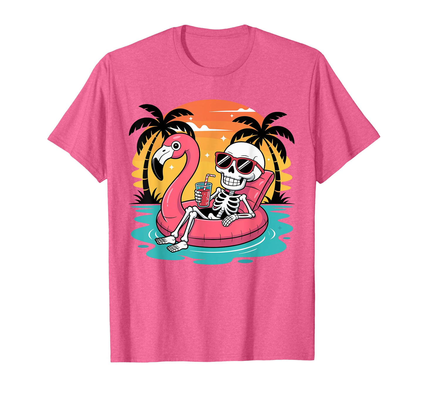 Summer Skeleton Flamingo Float Vacation Beach T-Shirt