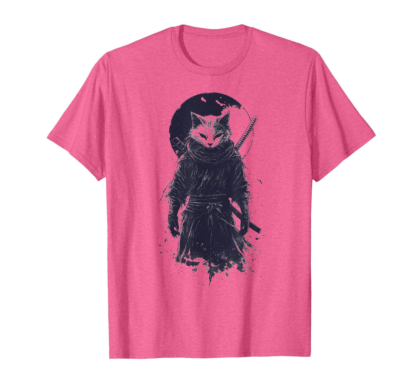 Cat Ninja Warrior with Katana and Moon T-Shirt for Men Women Kids
