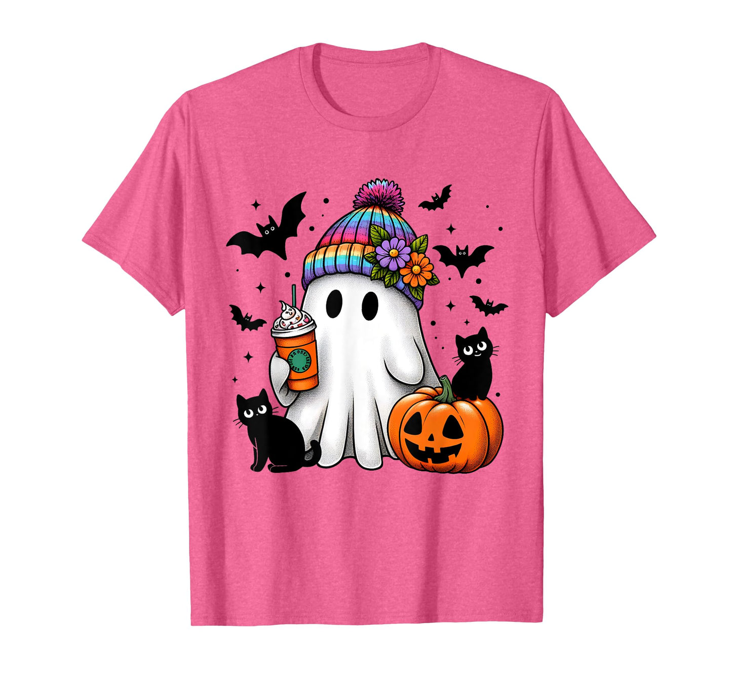 Cute Ghost Drinking Coffee Black Cat Ghost Pumpkin Halloween Men Women Kids T-Shirt