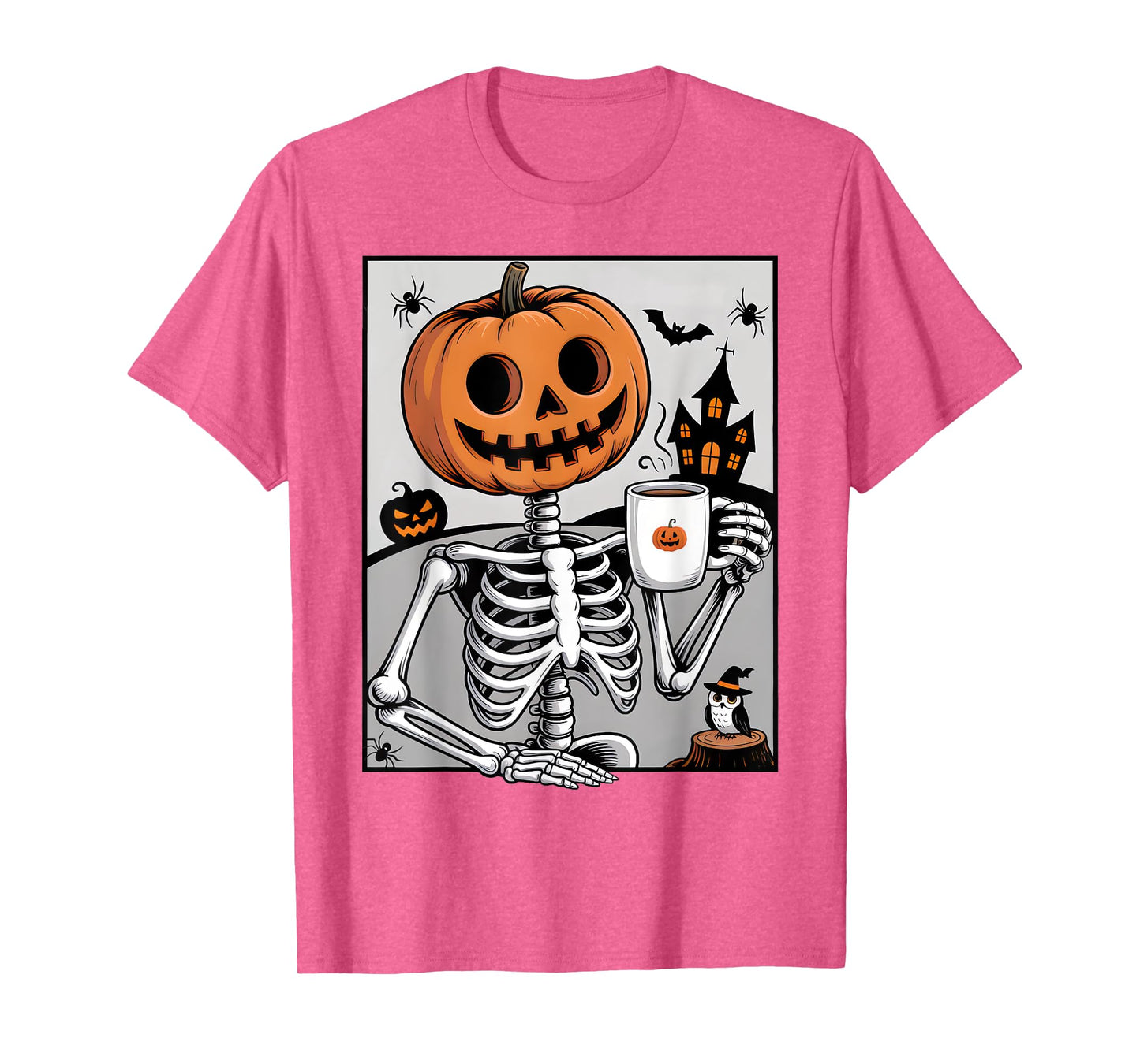 Skeleton Pumpkin Drinking Coffee Men Women Halloween Costume T-Shirt