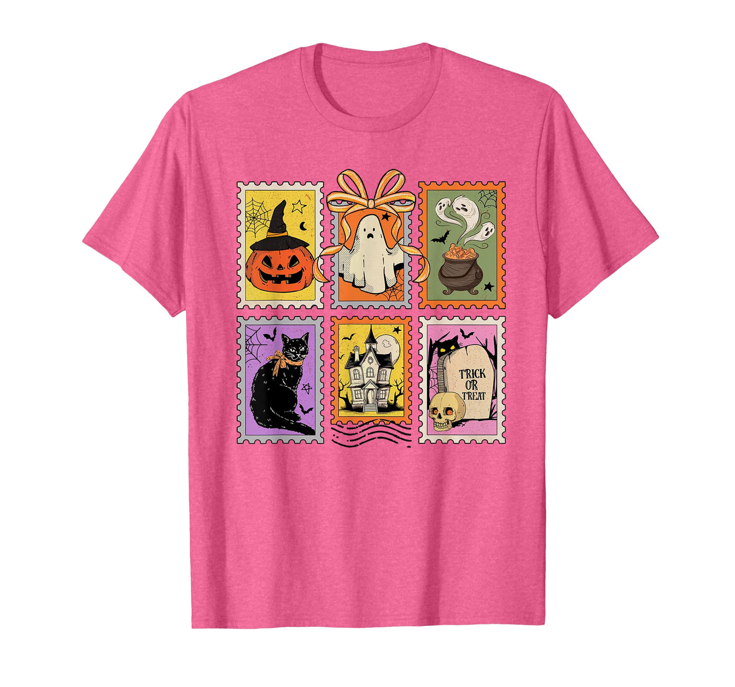 Halloween Stamp Spooky Ghost Boo Pumpkin Coquette Bow Retro T-Shirt