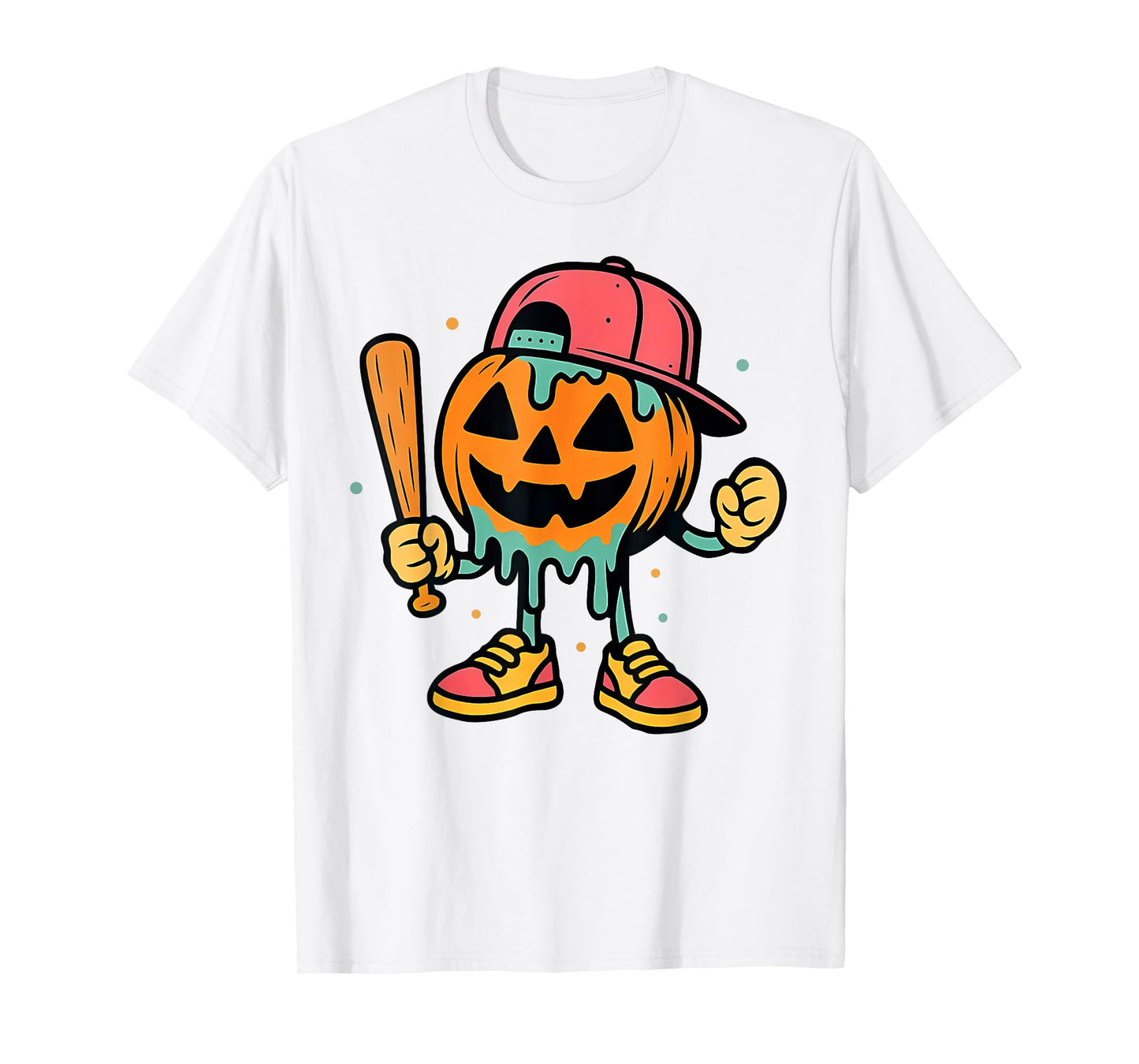 Pumpkin Baseball Player Halloween Ice Cream Drip Men Boys T-Shirt