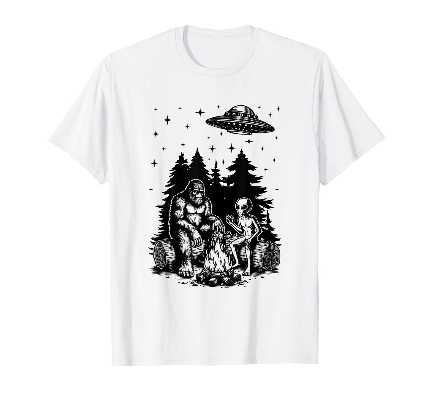 Alien And Bigfoot Campfire Sasquatch UFO For Outdoor Lovers T-Shirt