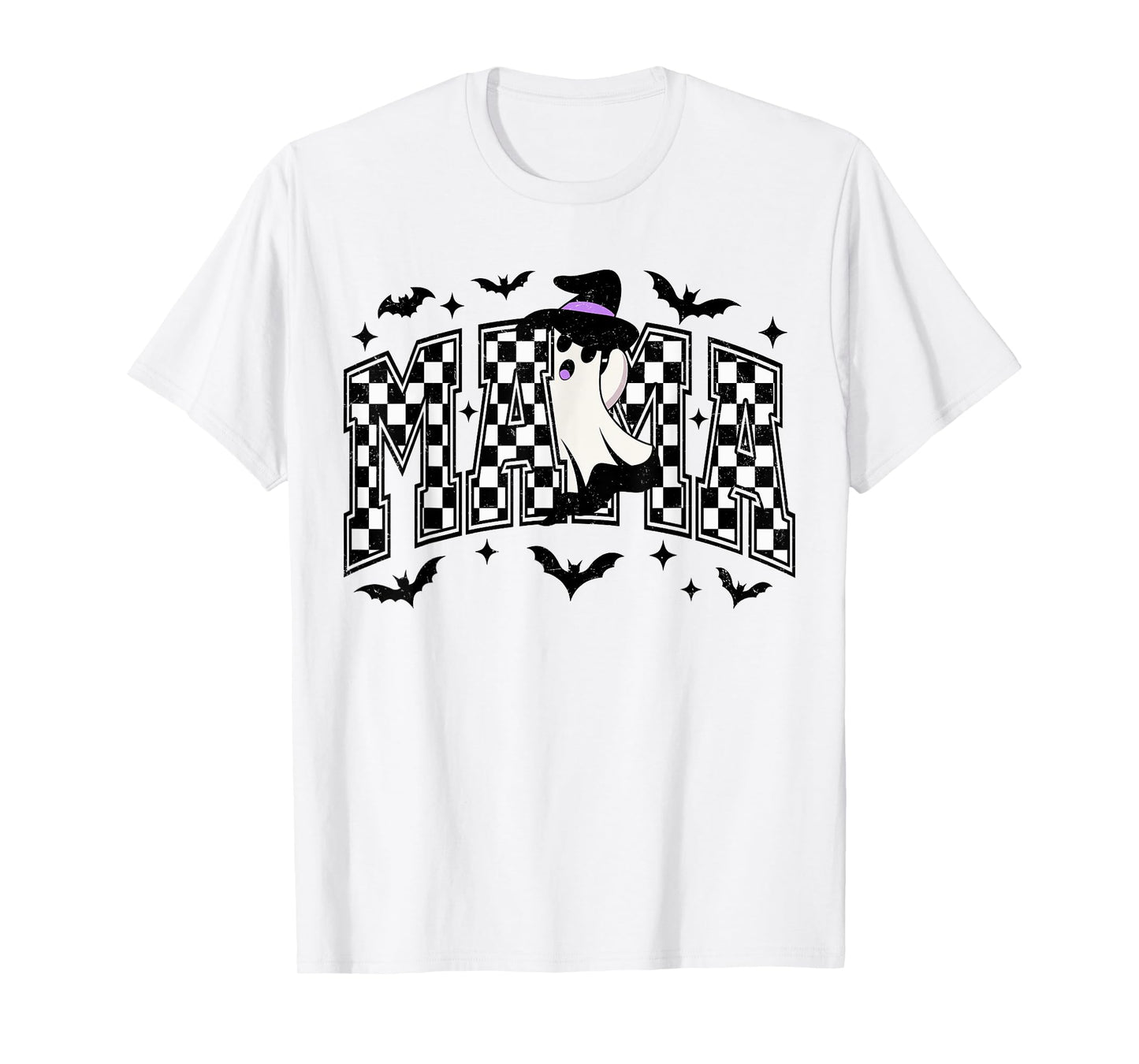 Funny Retro Halloween Mama Checkered Ghost Hat Men Women T-Shirt