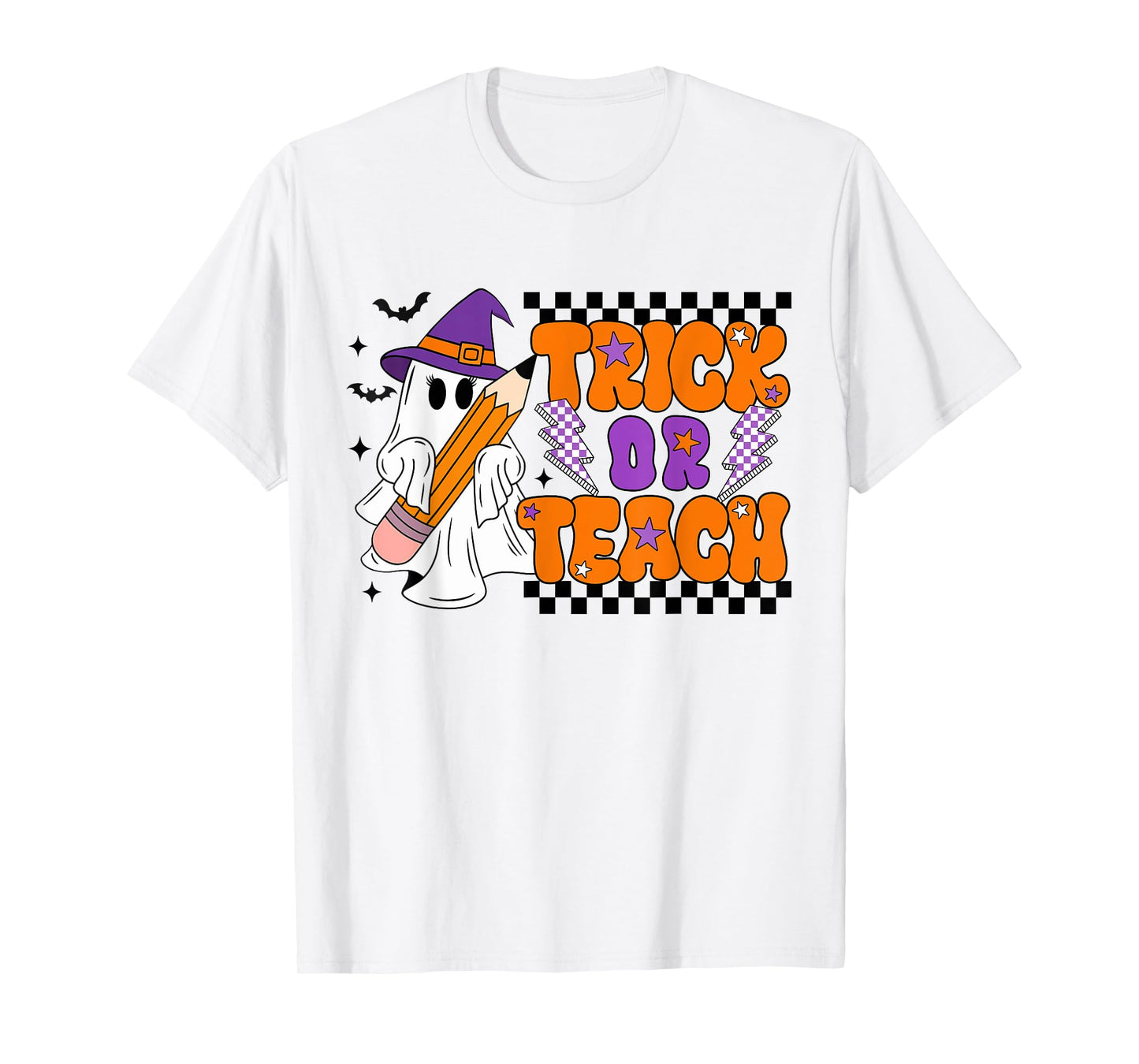 Trick Or Teach Groovy Teacher Halloween Retro Floral Ghost T-Shirt
