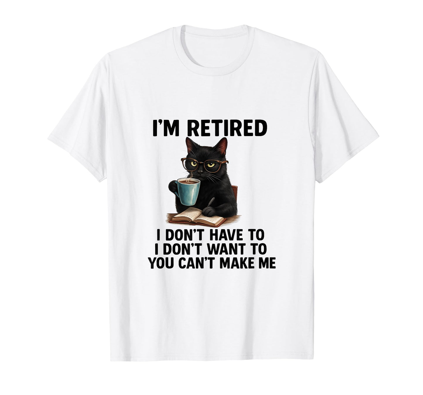 Funny Black Cat Coffee Lover Reading Quirky Gift for Retiree T-Shirt