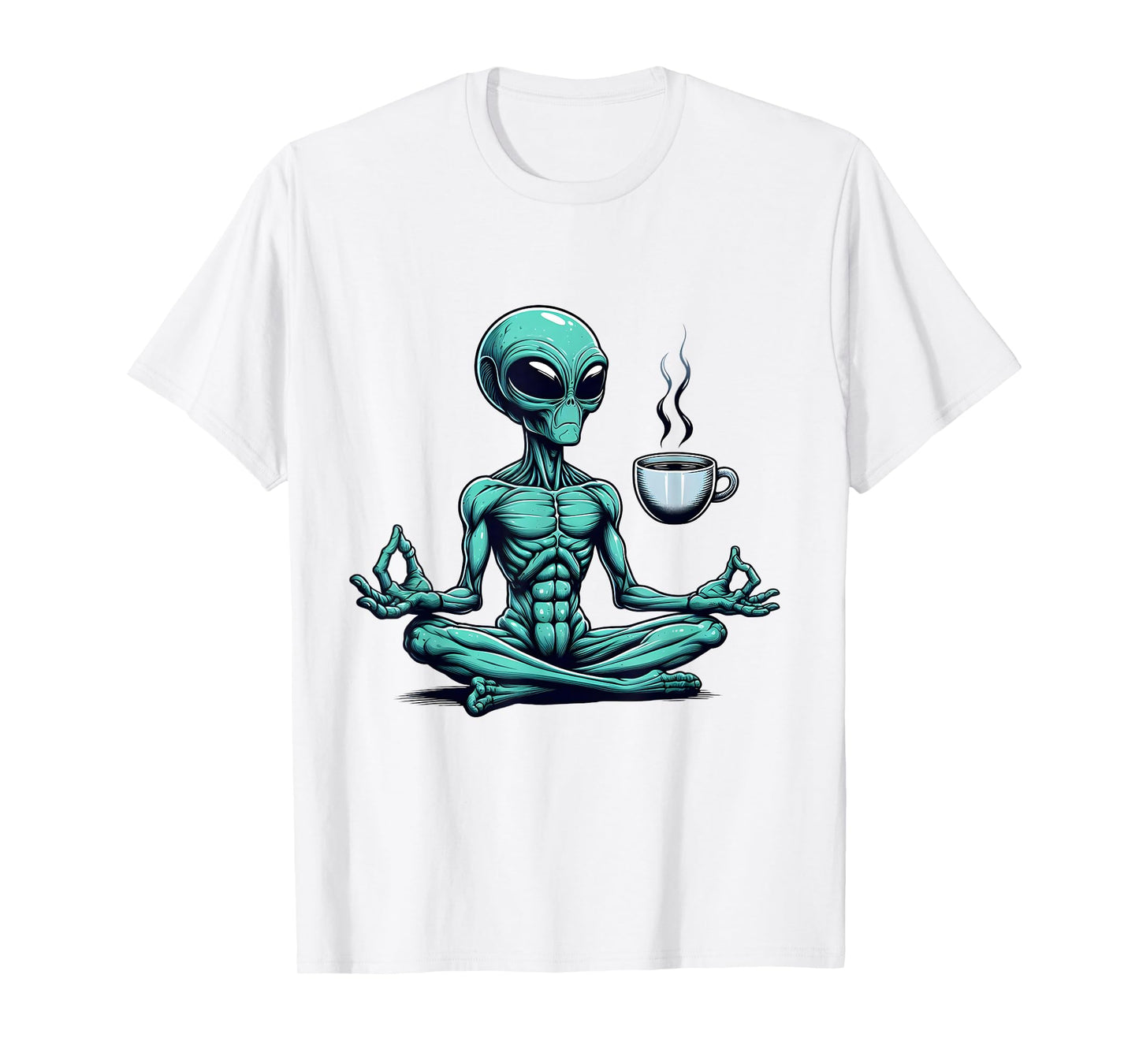 Alien Yoga With Coffee Mug UFO Lover Funny Meditate Poses T-Shirt